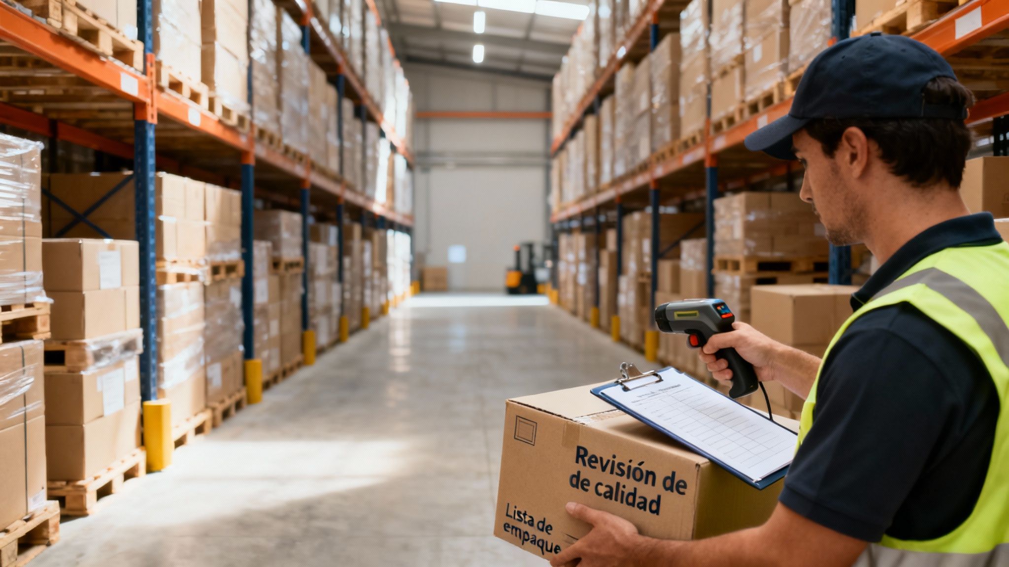 Trabajador de almacén escaneando una caja para revisión de calidad en un entorno industrial.