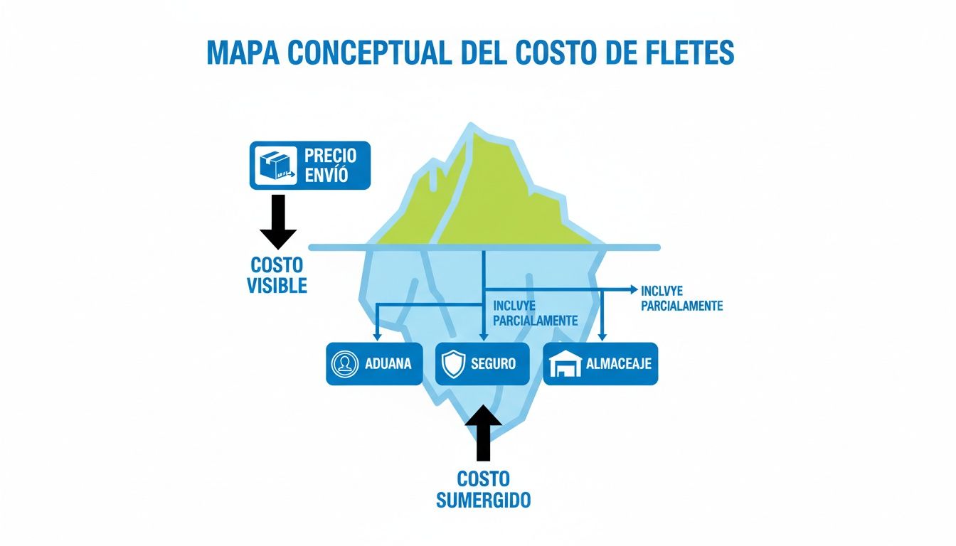 Mapa conceptual tipo iceberg que ilustra el costo visible del envío y los costos sumergidos de fletes como aduana, seguro y almacenaje.