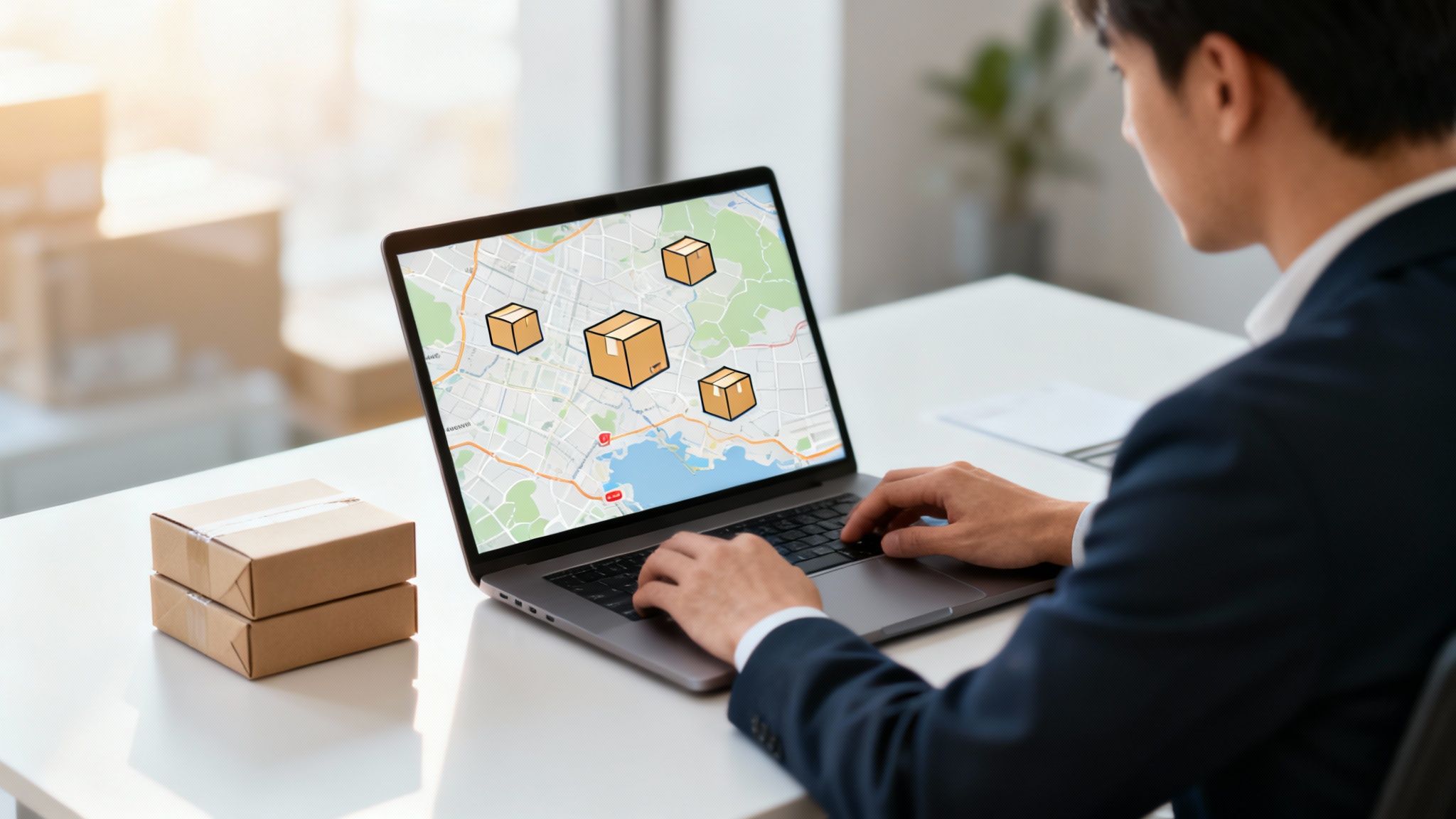 Hombre de negocios usa laptop para rastrear paquetes en un mapa, con cajas de envío en escritorio.
