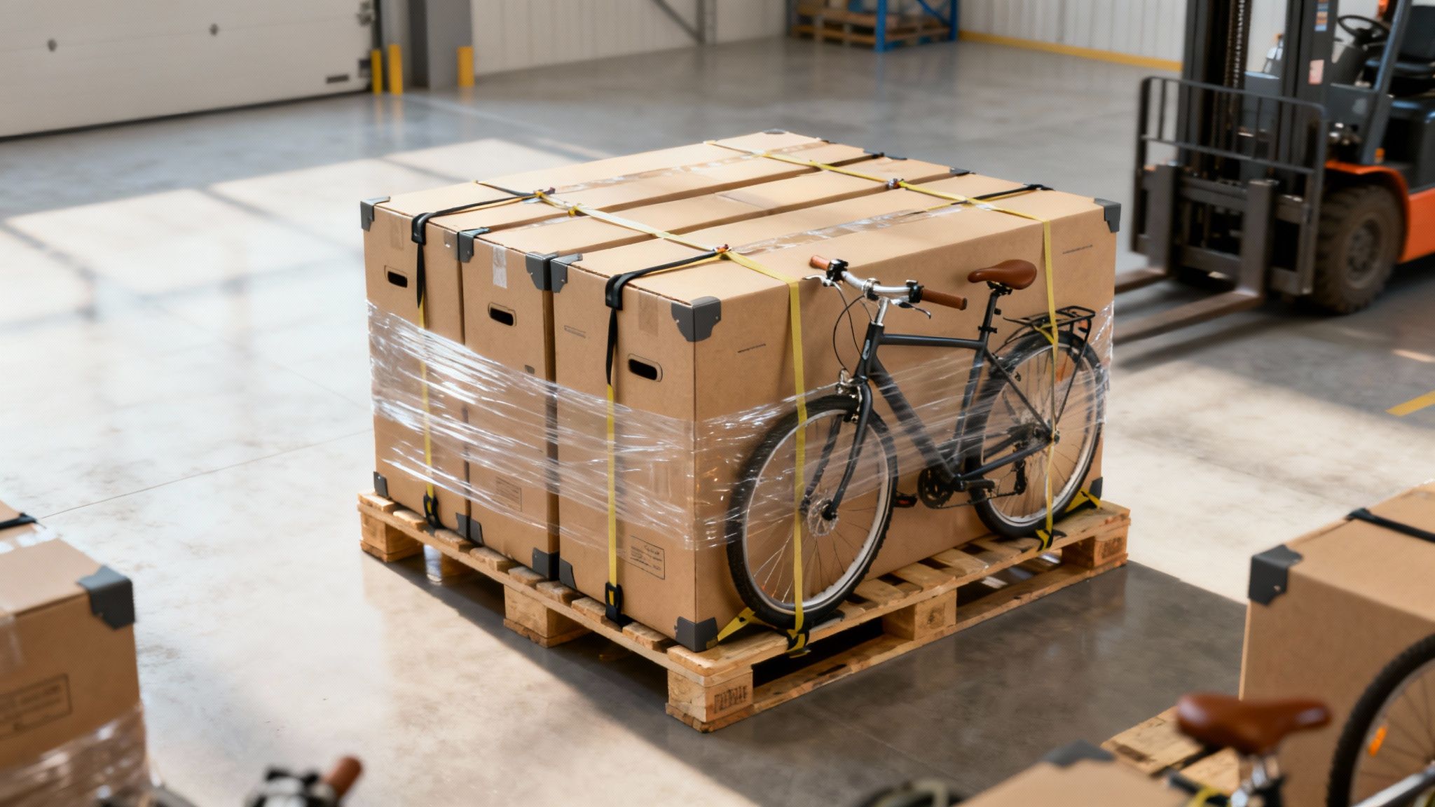 Cajas de cartón con una bicicleta sujetada, envueltas en plástico y sobre una paleta en un almacén.