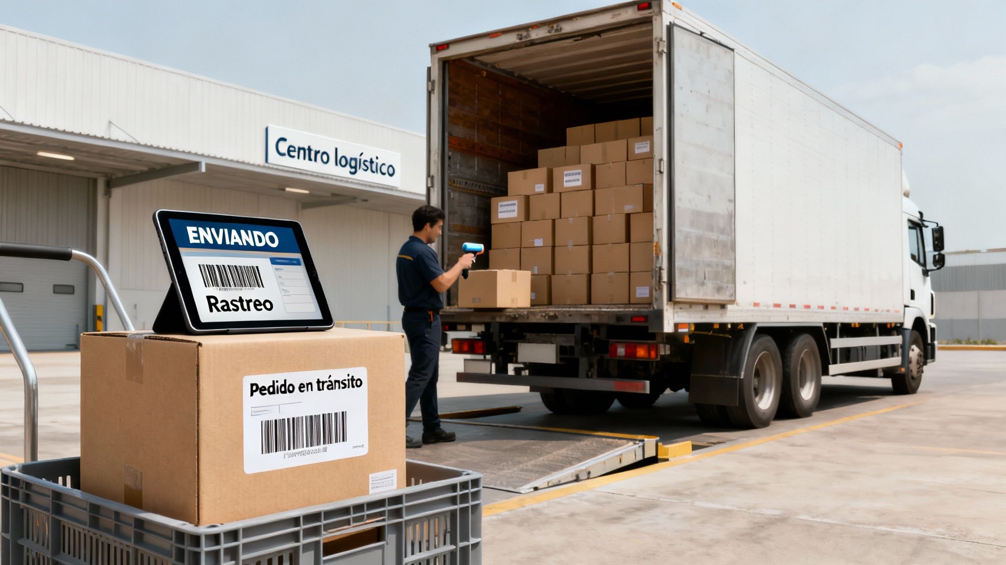 Hombre escaneando cajas en un camión de reparto en un centro logístico, con una tablet mostrando el estado de envío y rastreo.