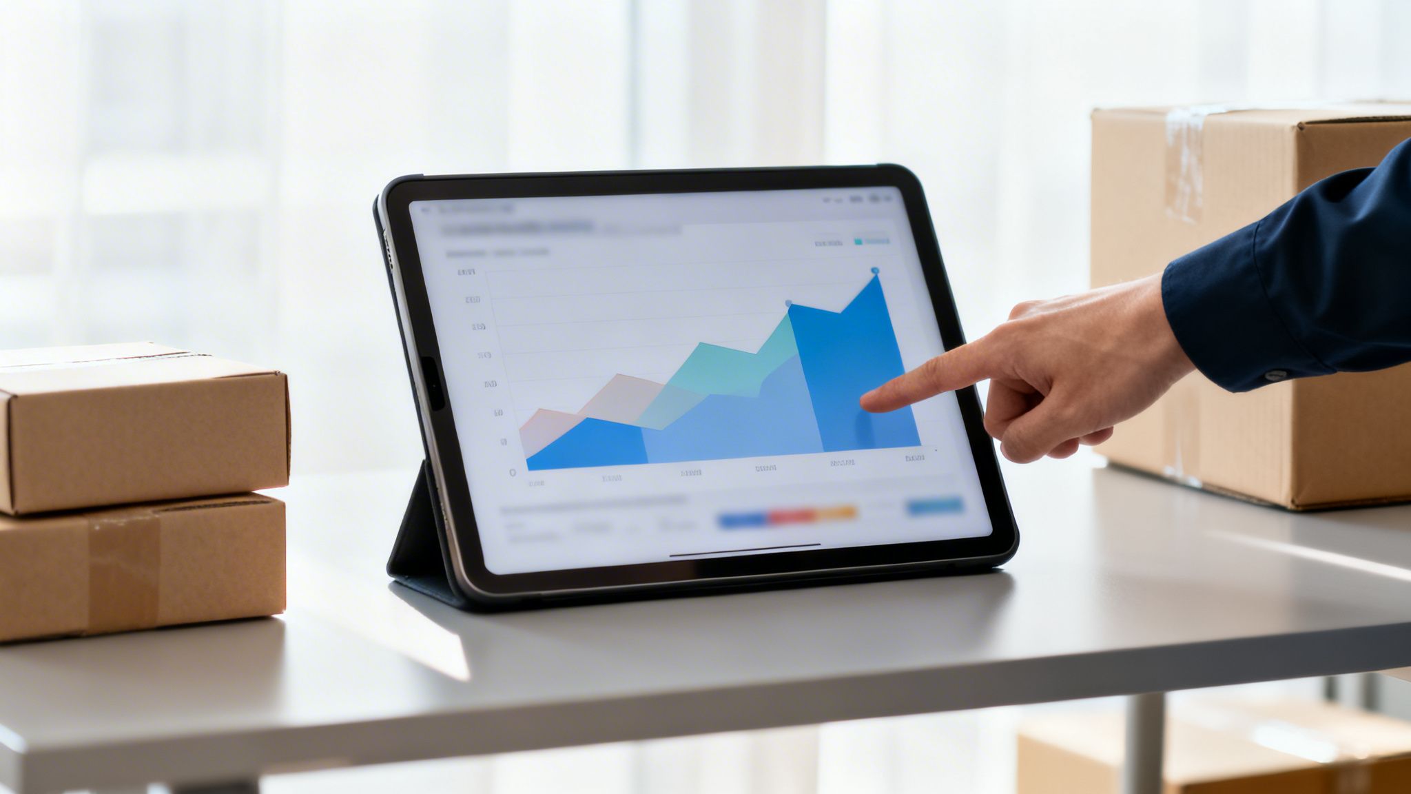 Una persona analiza un gráfico de rendimiento de logística en una tablet, rodeada de cajas de envío.