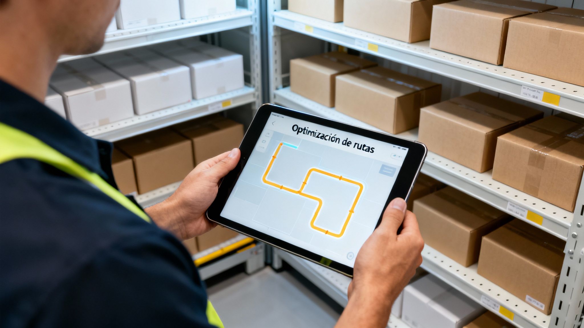 Trabajador de almacén usando una tableta para optimizar rutas de logística en un almacén lleno de cajas.