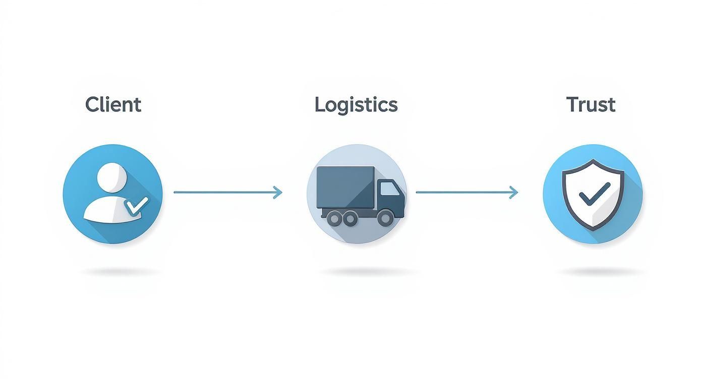 Un diagrama de flujo ilustra el proceso del cliente a través de la logística hasta la confianza.