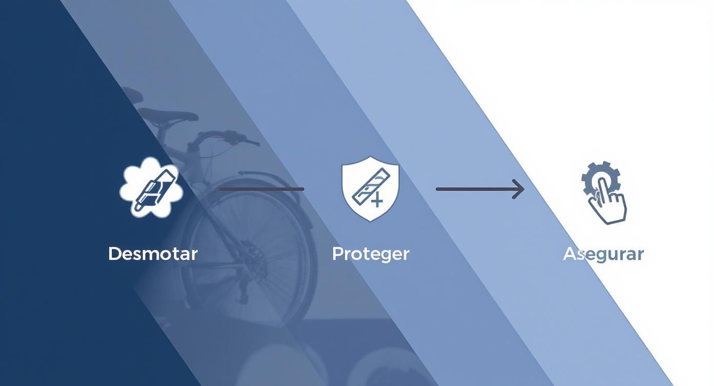 Diagrama de proceso con iconos para bicicletas: desmontar, proteger y asegurar la bicicleta.