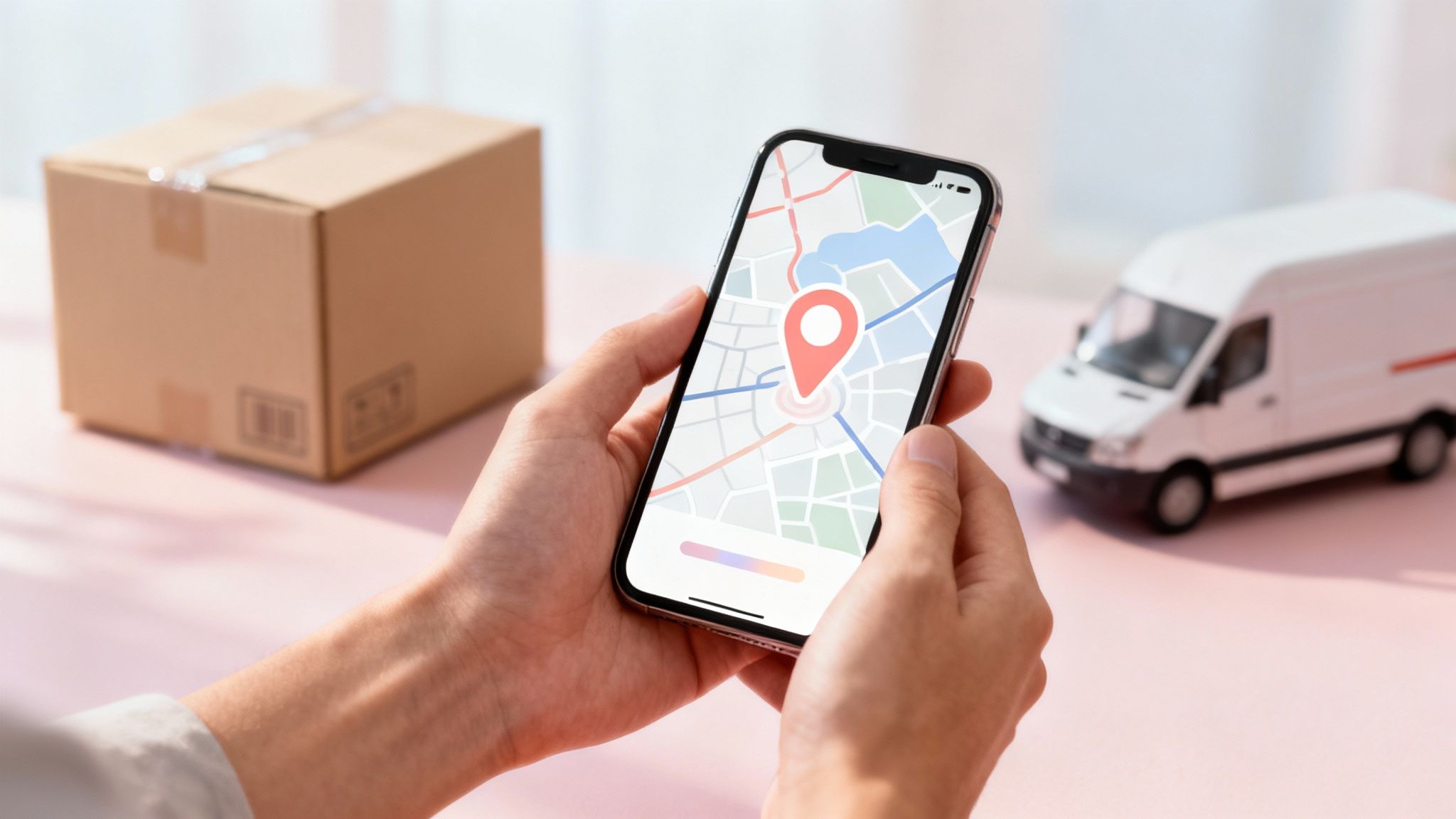 Manos sosteniendo un smartphone con una aplicación de seguimiento de paquetes. Al fondo, una caja y una furgoneta de reparto.