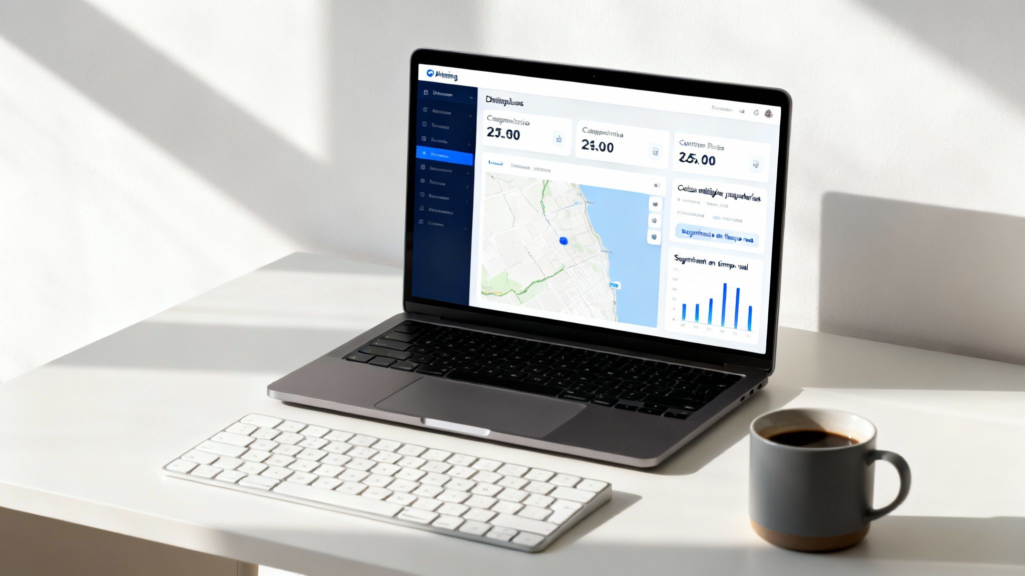 Laptop en un escritorio blanco con teclado, taza de café y sombras de luz solar, mostrando un panel de control con un mapa.