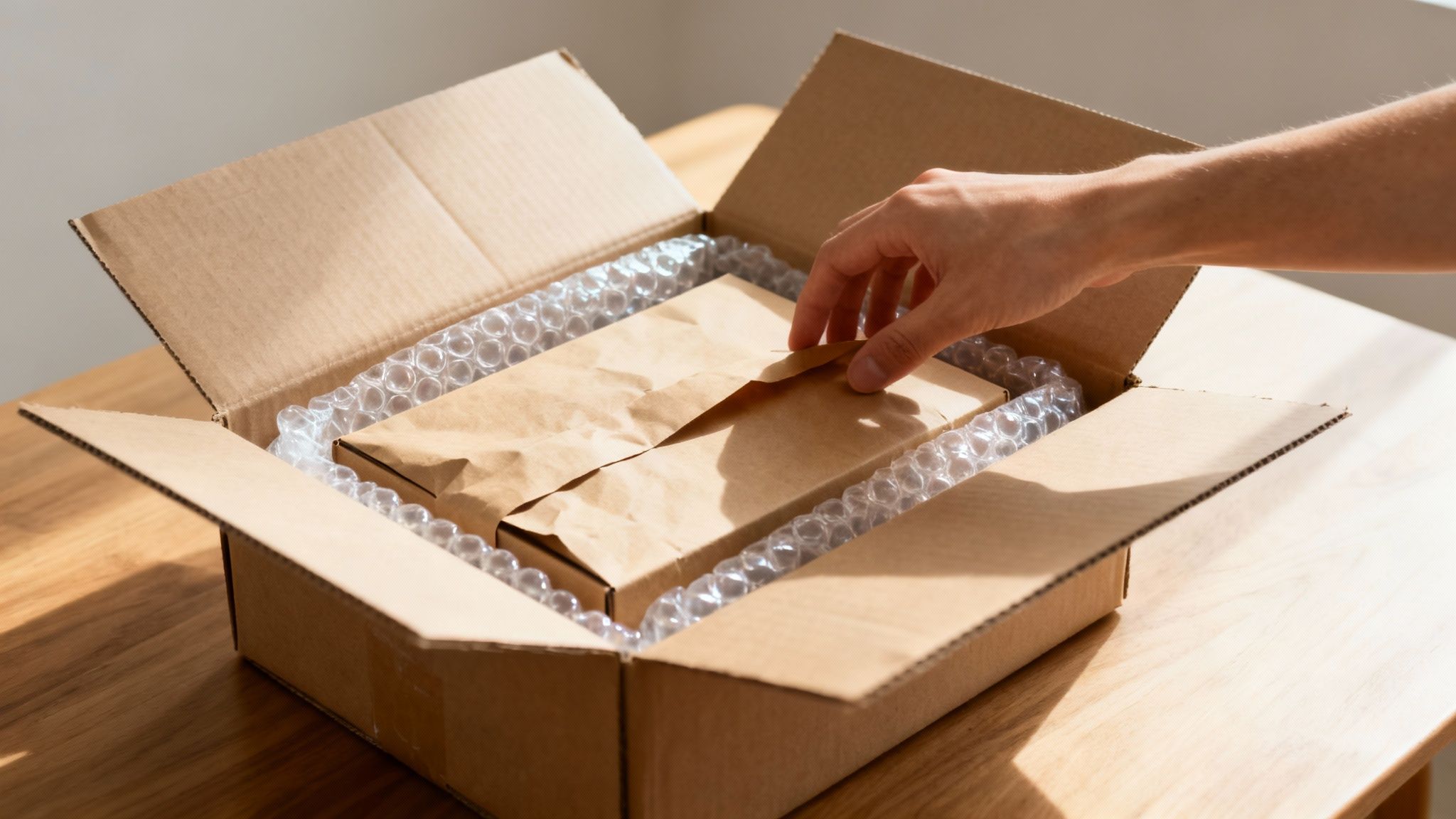 Mano sacando un paquete envuelto en papel marrón de una caja de cartón con plástico de burbujas.