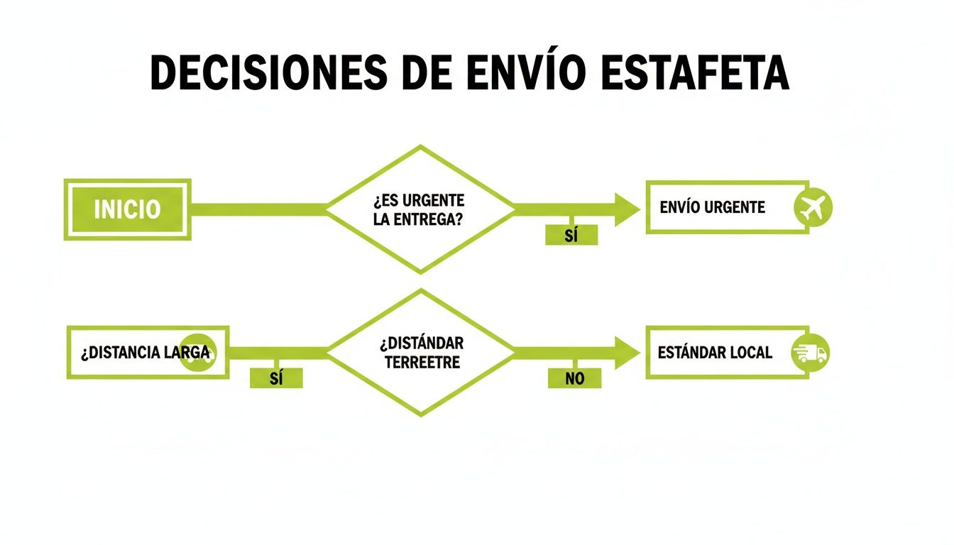 Diagrama de flujo de Estafeta para decidir el tipo de envío: urgente, terrestre o local, según urgencia y distancia.