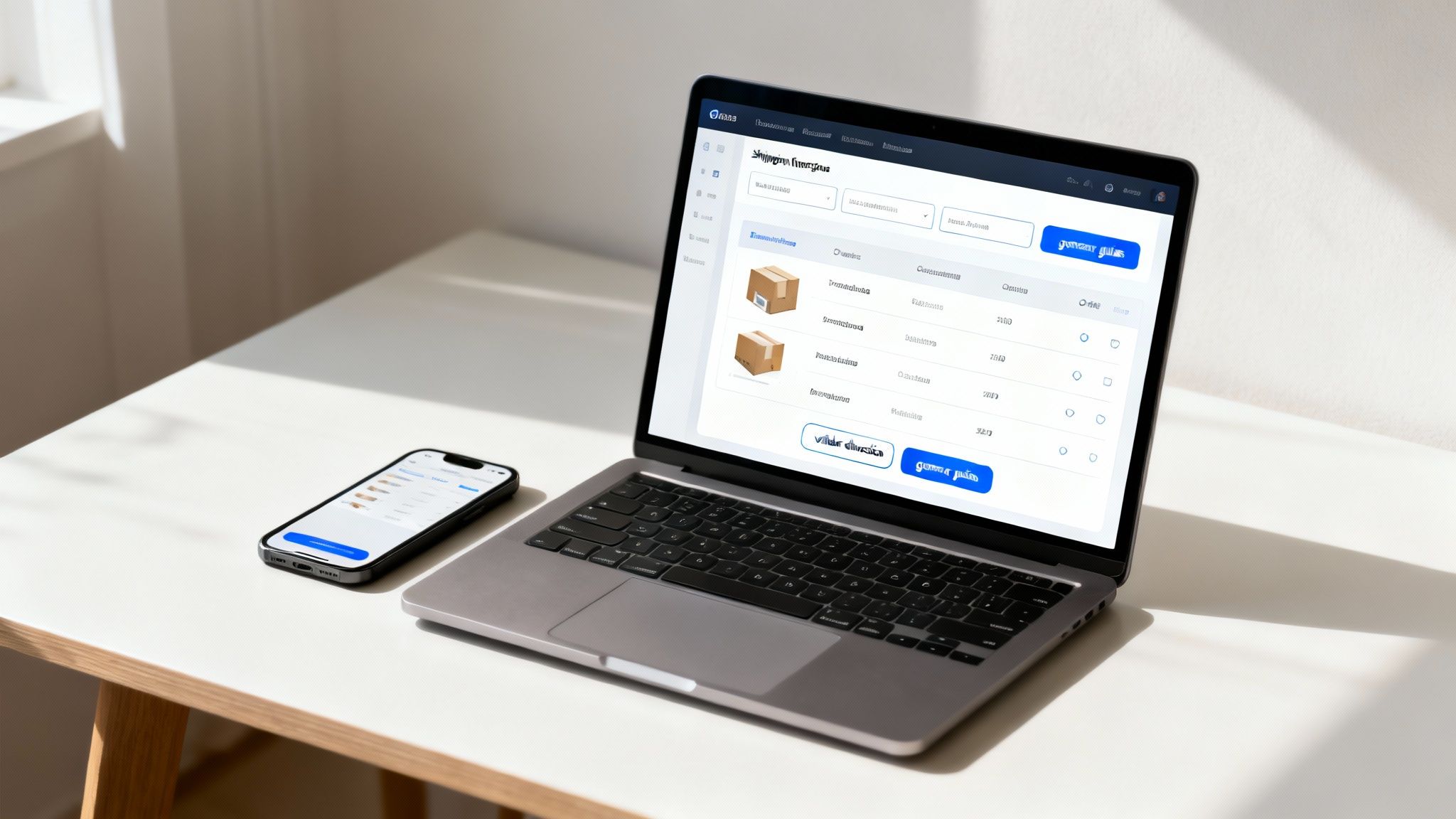 Laptop y teléfono móvil mostrando sistema de envío de paquetes con información de entrega