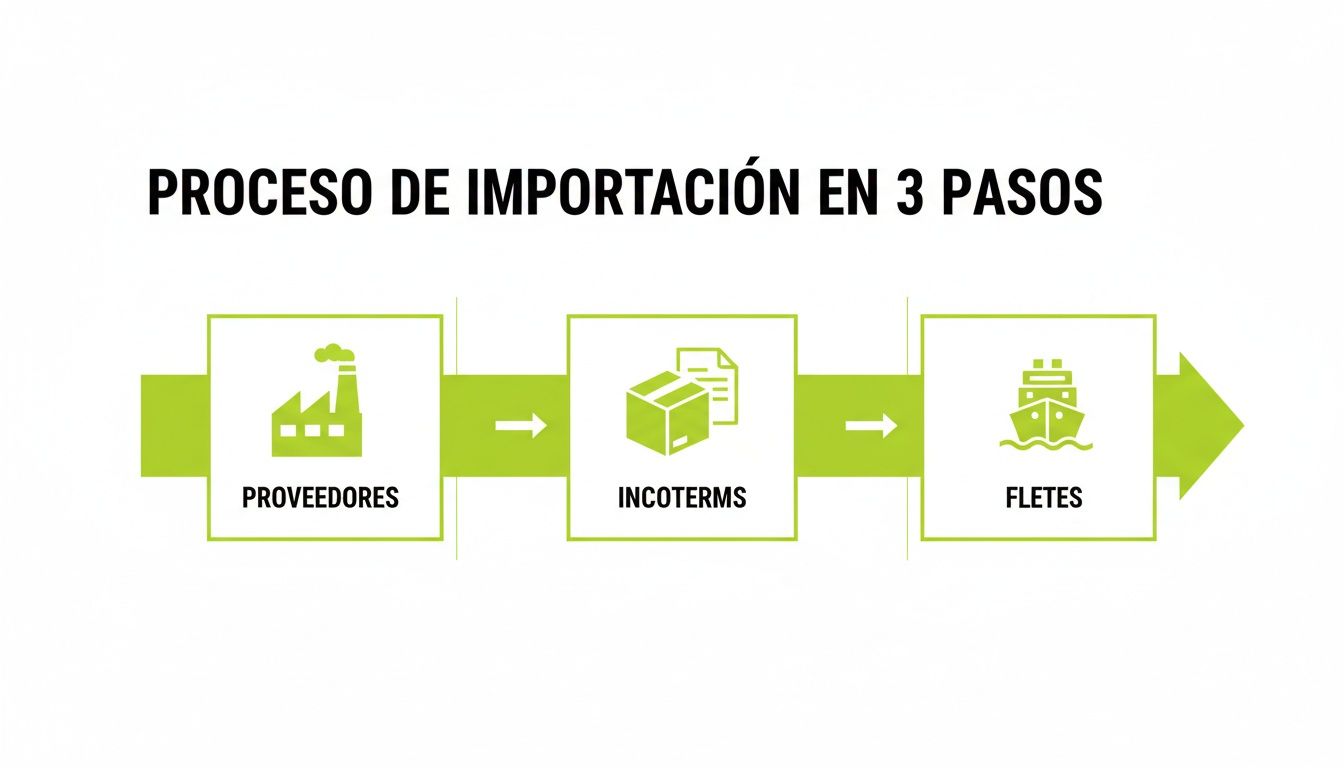 Diagrama del proceso de importación en 3 pasos con iconos para proveedores, incoterms y fletes.