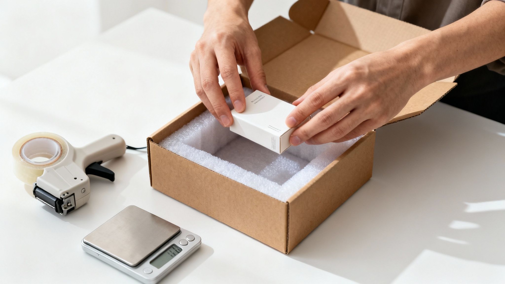Manos colocando una caja blanca en un paquete de envío con espuma protectora, junto a una cinta adhesiva y una báscula.