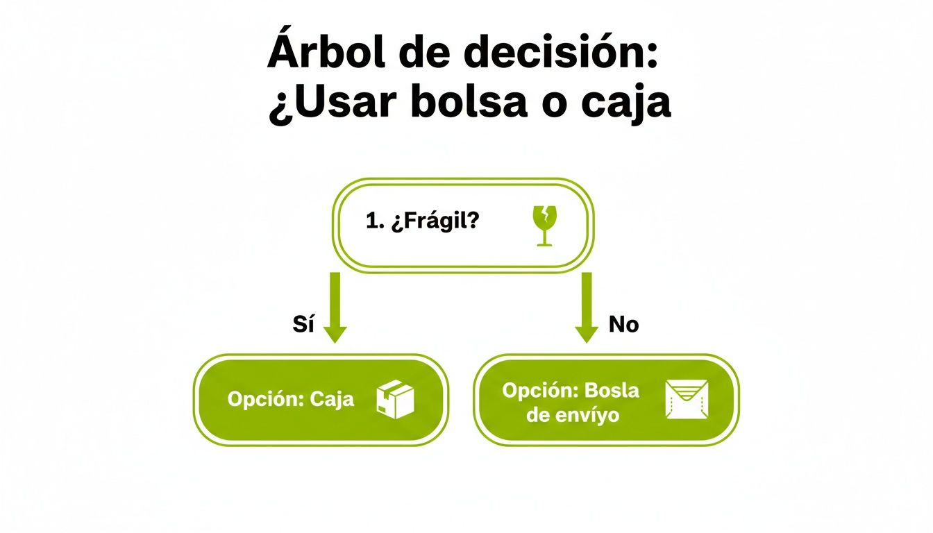Diagrama de árbol de decisión para seleccionar el embalaje adecuado (bolsa o caja) según la fragilidad del producto.
