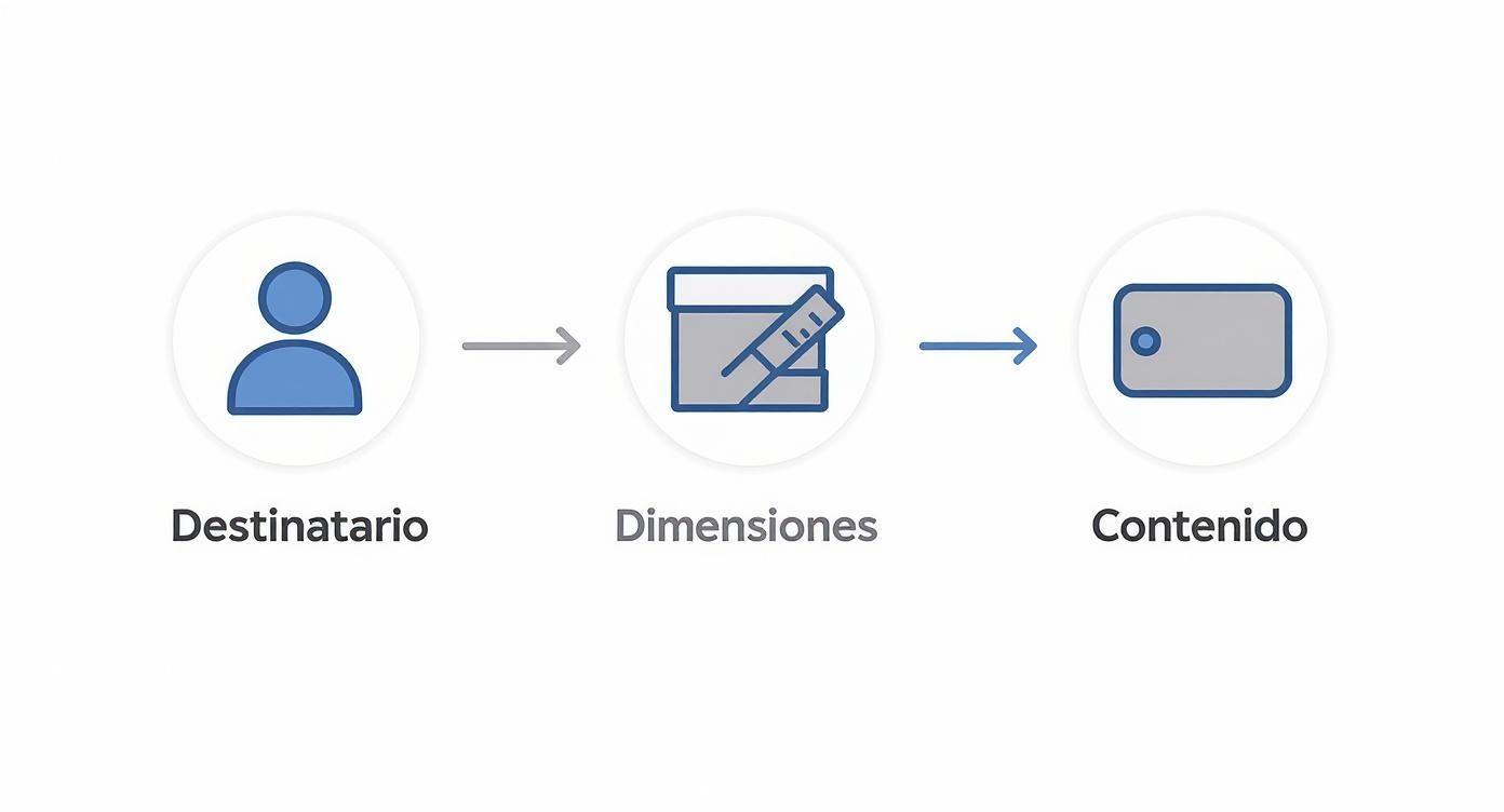 Diagrama mostrando el proceso de envío de paquetes: destinatario, dimensiones y contenido del paquete