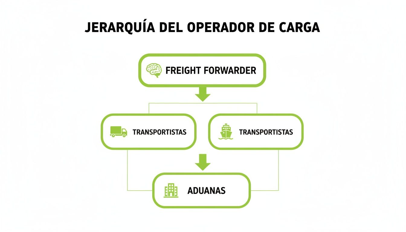 Diagrama de jerarquía del operador de carga mostrando freight forwarder, transportistas y aduanas.
