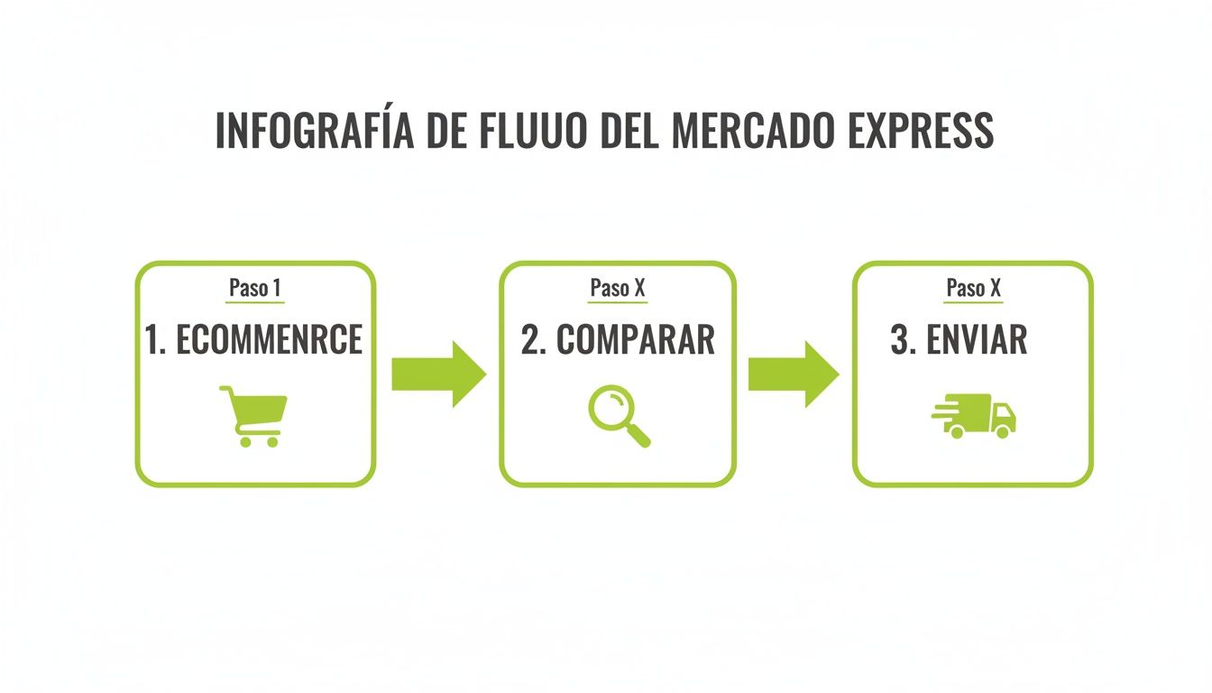 Infografía del flujo del Mercado Express, mostrando tres pasos: e-commerce, comparar y enviar.