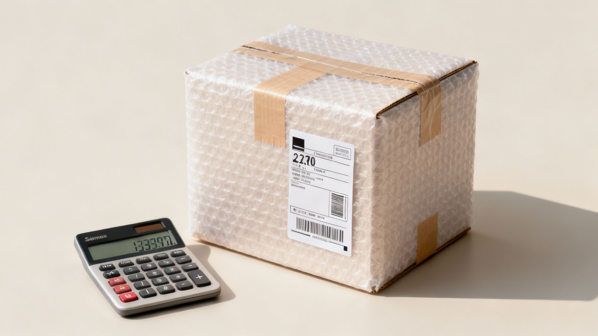 Calculadora junto a paquete con etiqueta de envío mostrando número de guía y código de barras