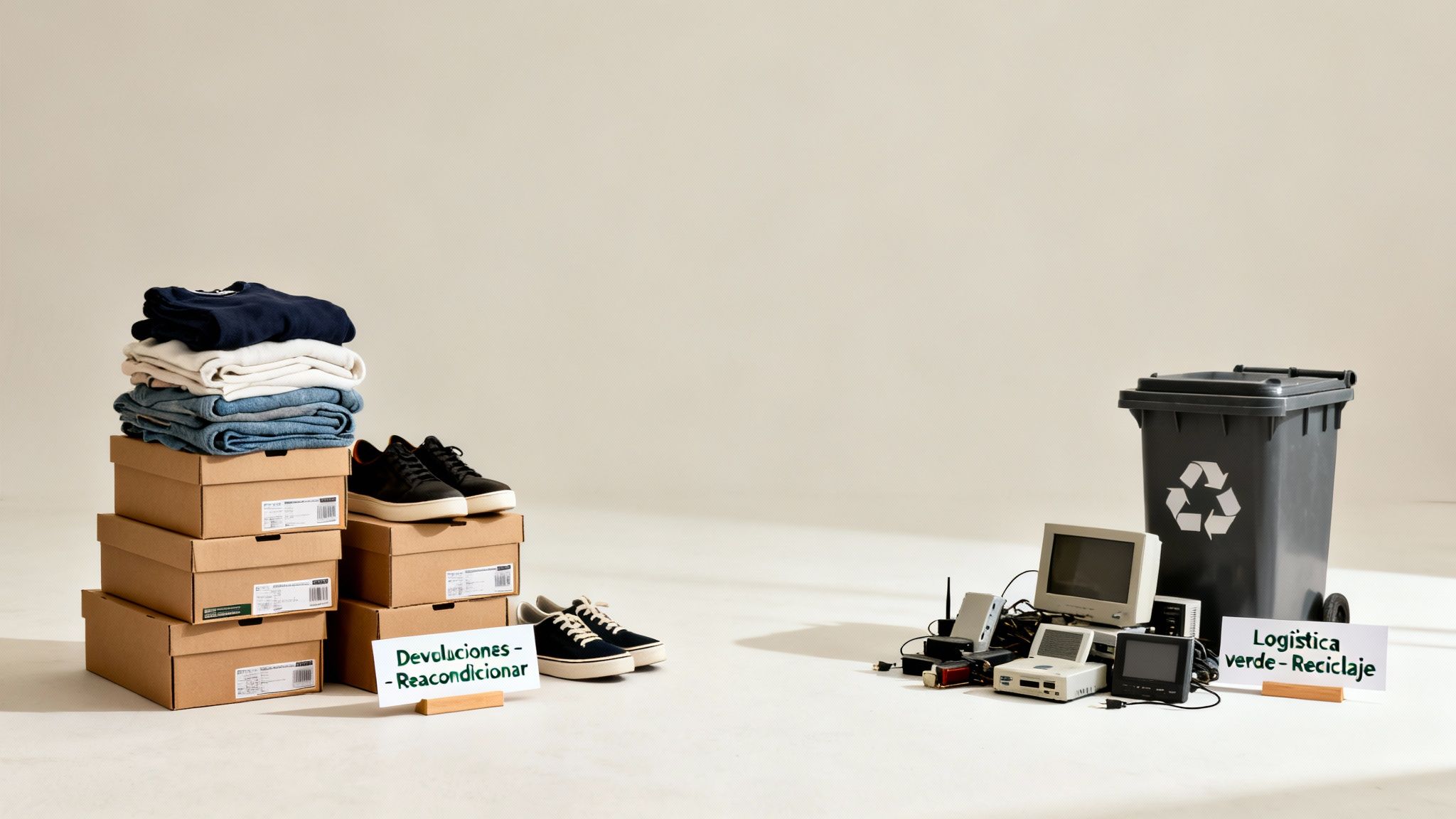 La imagen muestra productos para logística inversa: ropa, calzado, cajas para reacondicionar y electrónica para reciclaje.