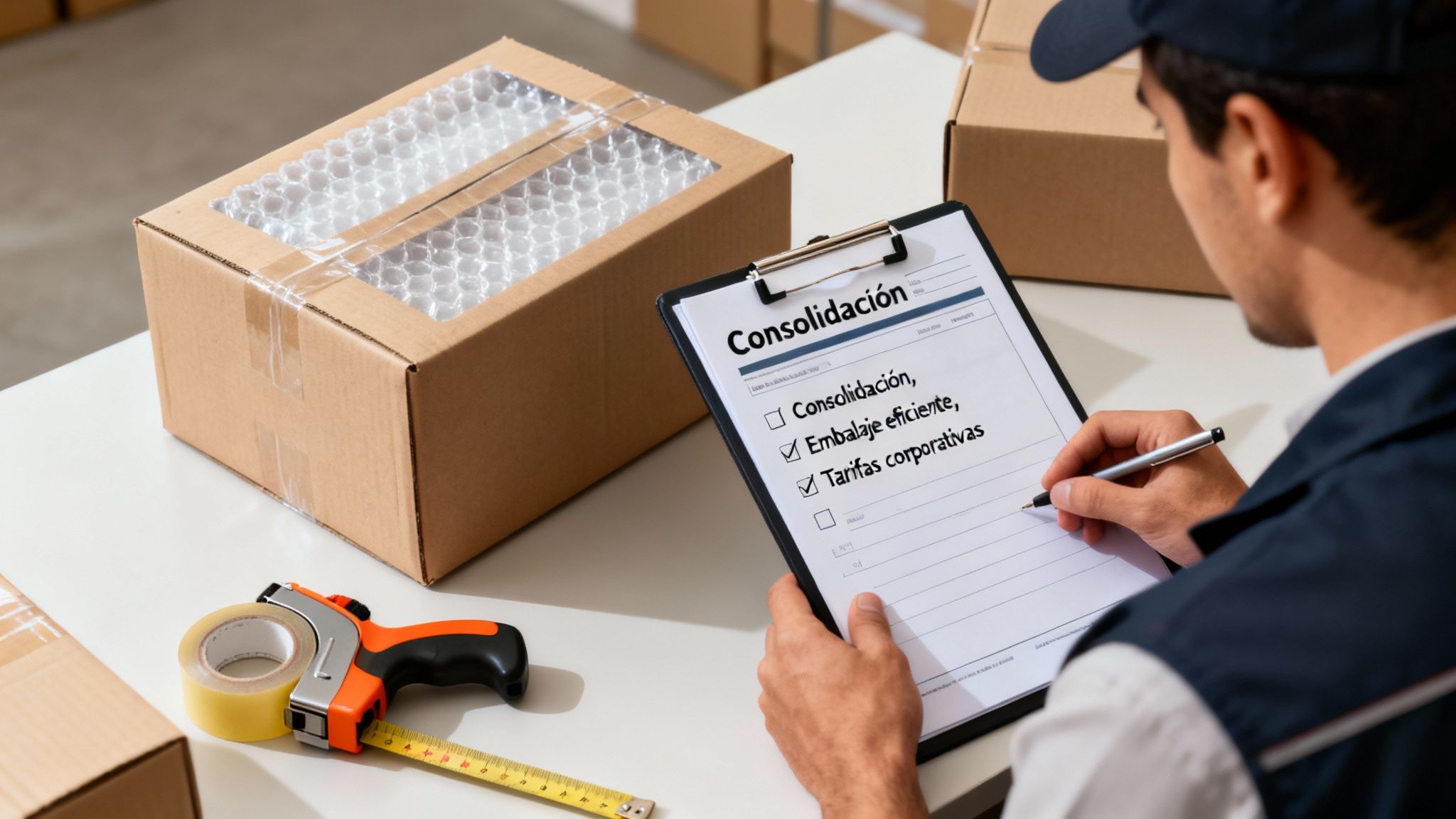 Un trabajador revisa una lista de consolidación y embalaje eficiente con tarifas corporativas junto a paquetes.