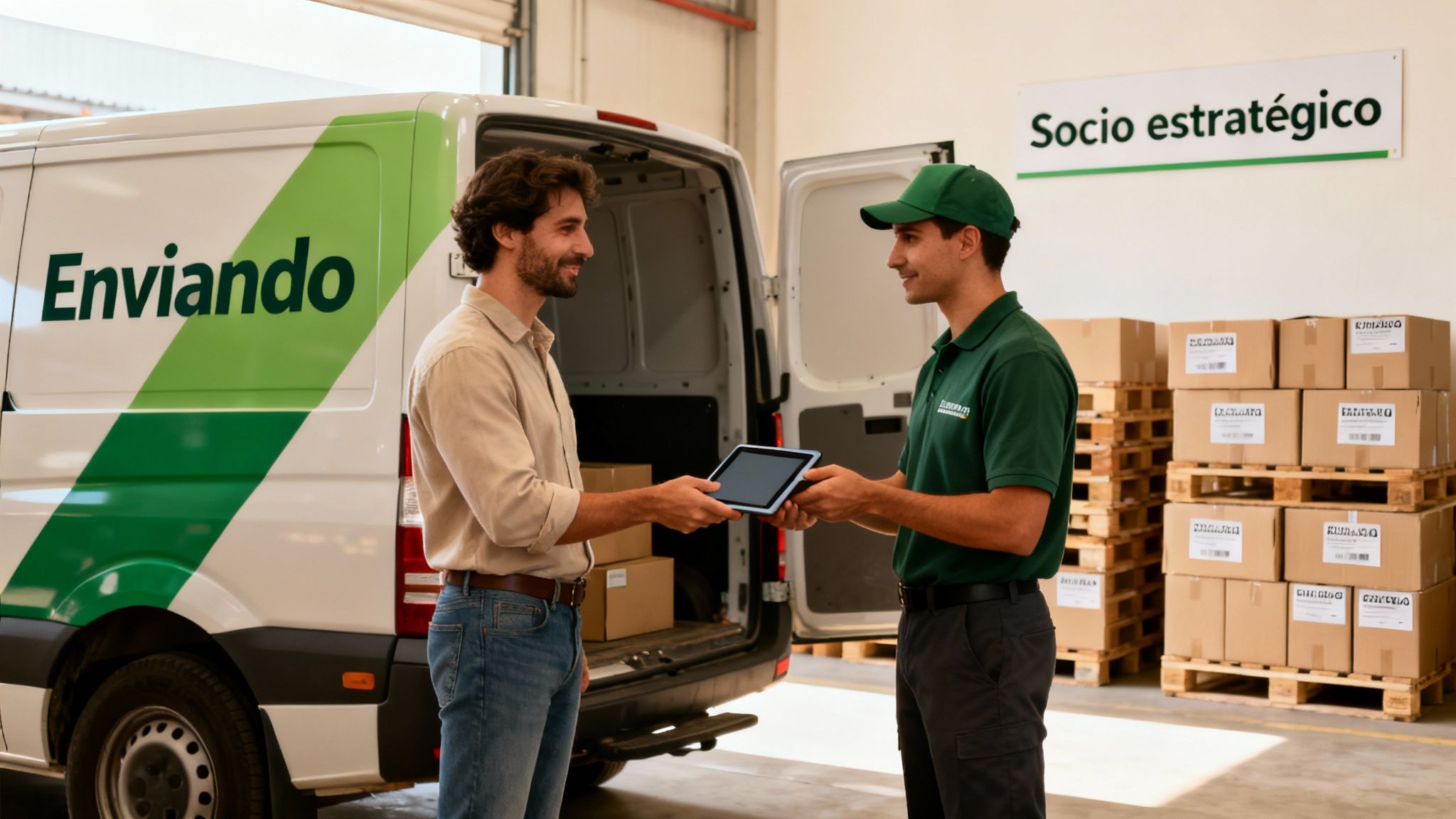 Repartidor de Enviando entrega una tablet a un cliente para firmar la recepción de un paquete, junto a una furgoneta de reparto.