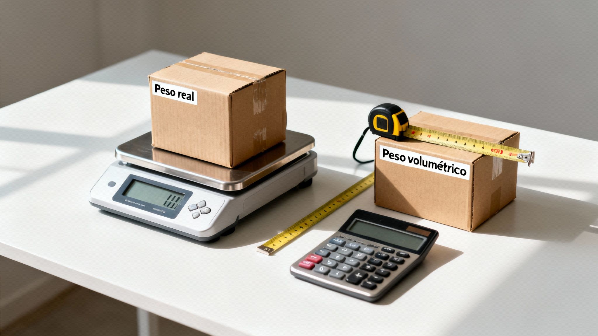 Cajas con etiquetas 'Peso real' y 'Peso volumétrico' en una báscula y con cinta métrica, calculando envíos.