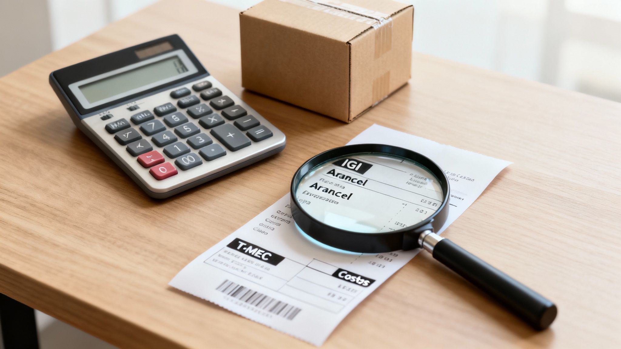 Una calculadora, una caja, una lupa y un recibo con aranceles sobre una mesa de madera.