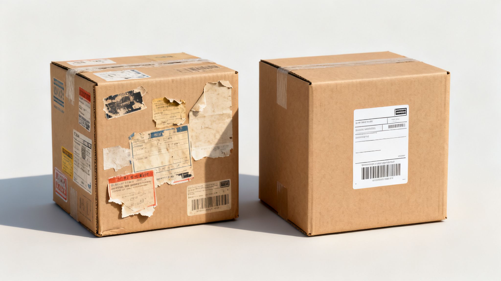 Dos cajas de cartón sobre un fondo blanco, una con muchas etiquetas viejas y la otra nueva con una etiqueta de envío moderna.