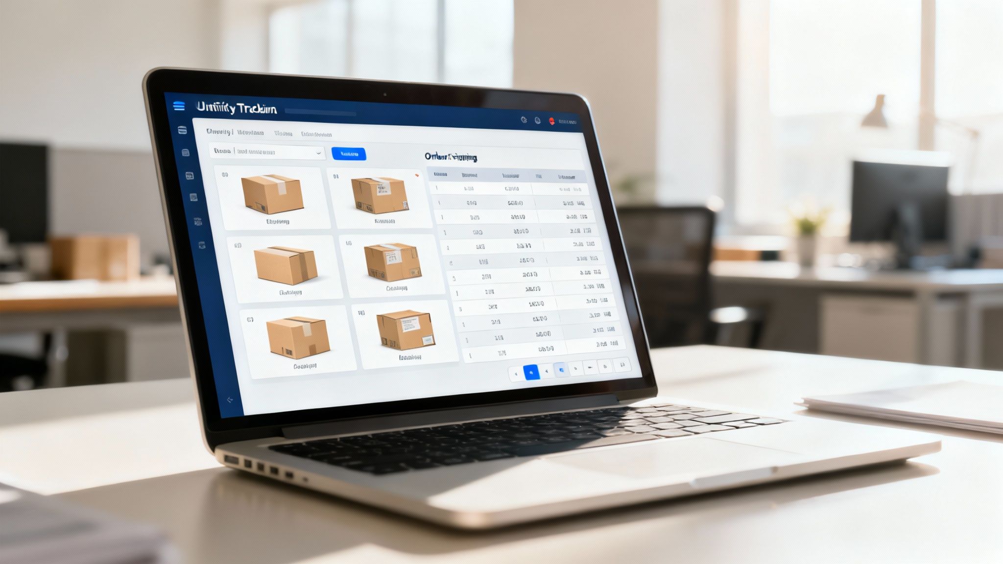 Laptop mostrando sistema de rastreo de paquetería con interfaz de seguimiento de envíos en tiempo real