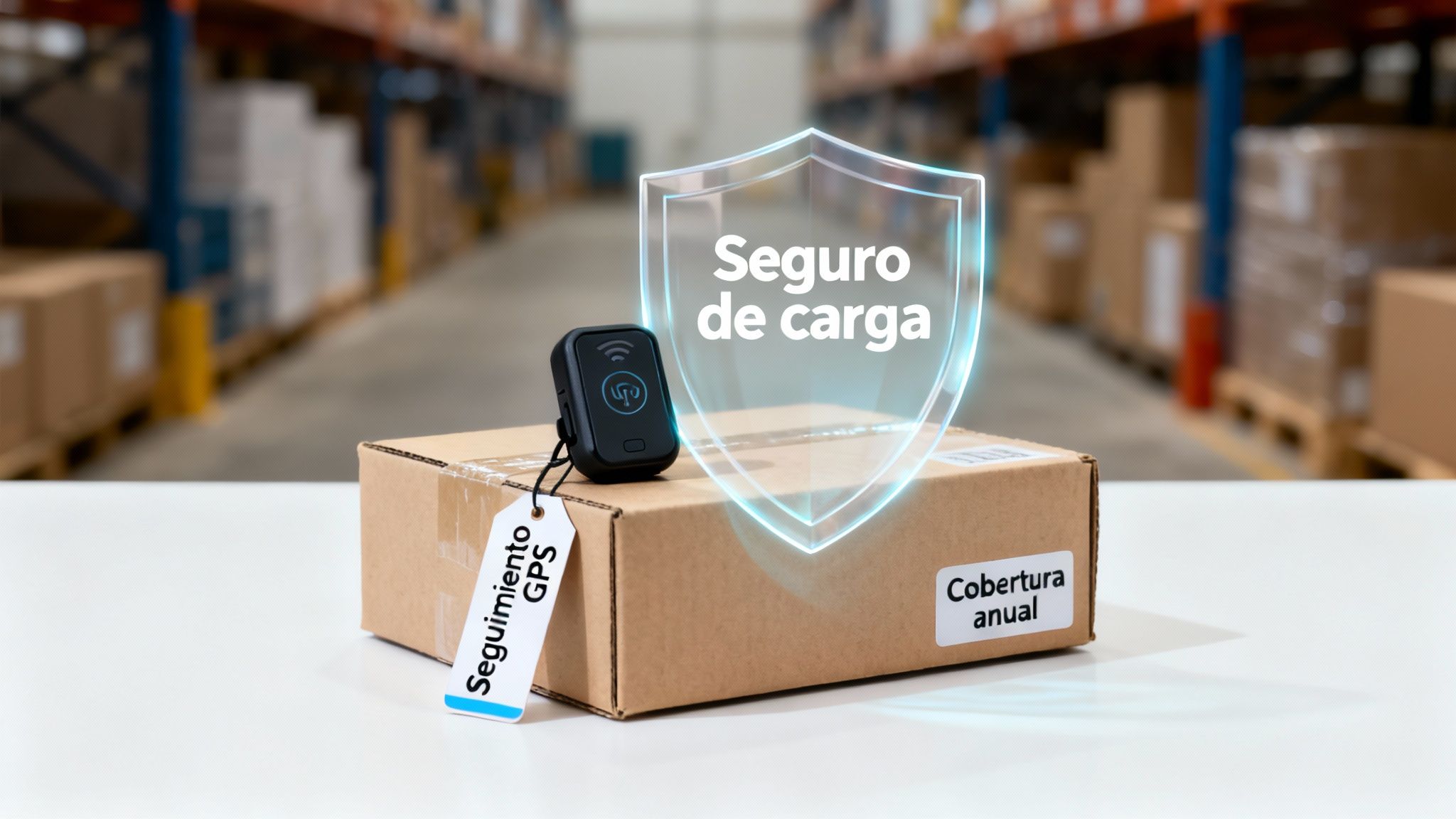 Caja de cartón con dispositivo GPS y etiqueta de seguimiento, mostrando seguro de carga en un almacén.