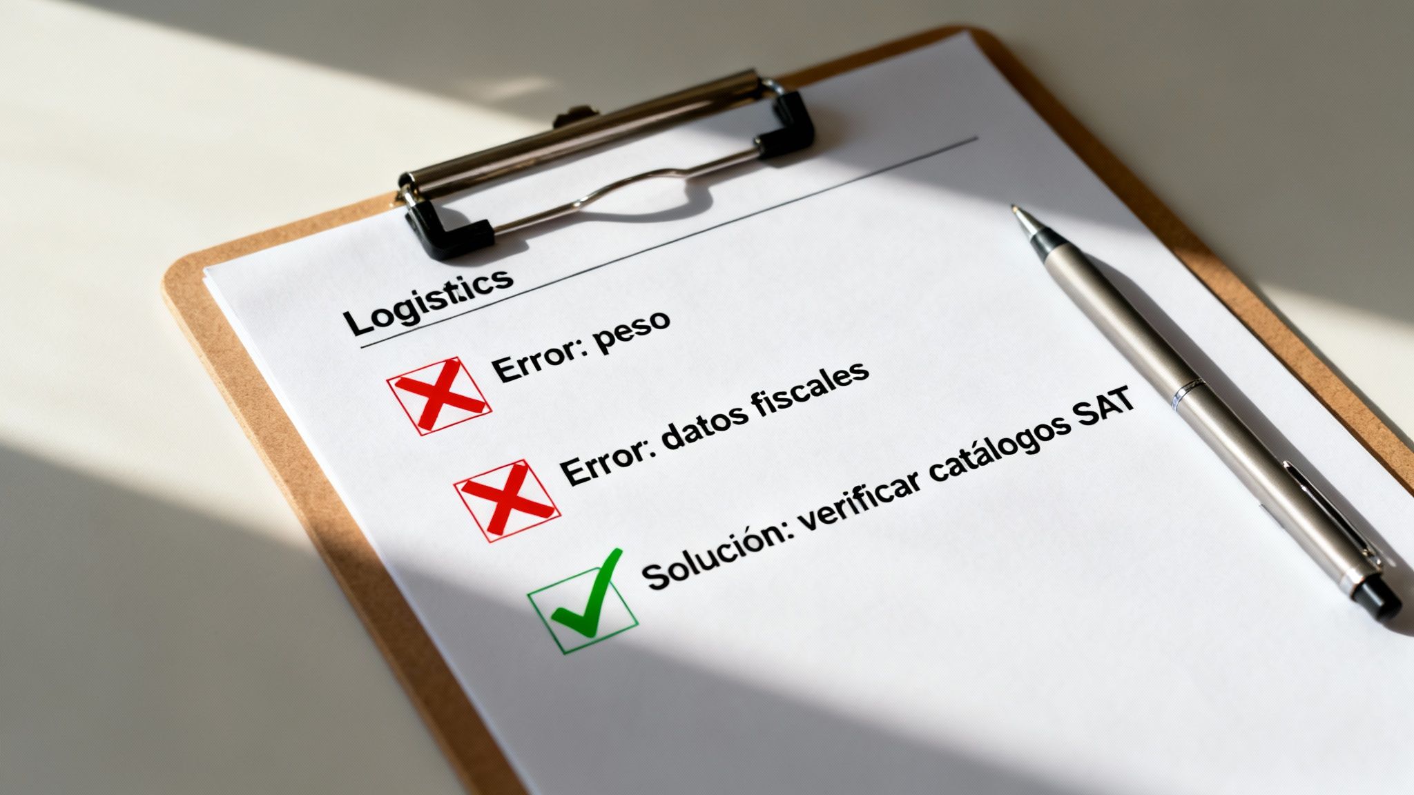 Lista de verificación de logística en un portapapeles con errores de peso y datos fiscales, y su solución.