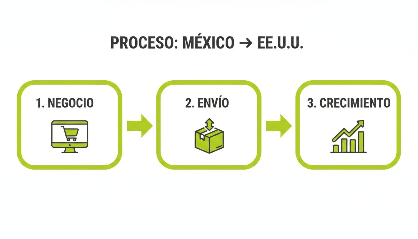 Un diagrama ilustra el proceso de negocio, envío y crecimiento de México a Estados Unidos.