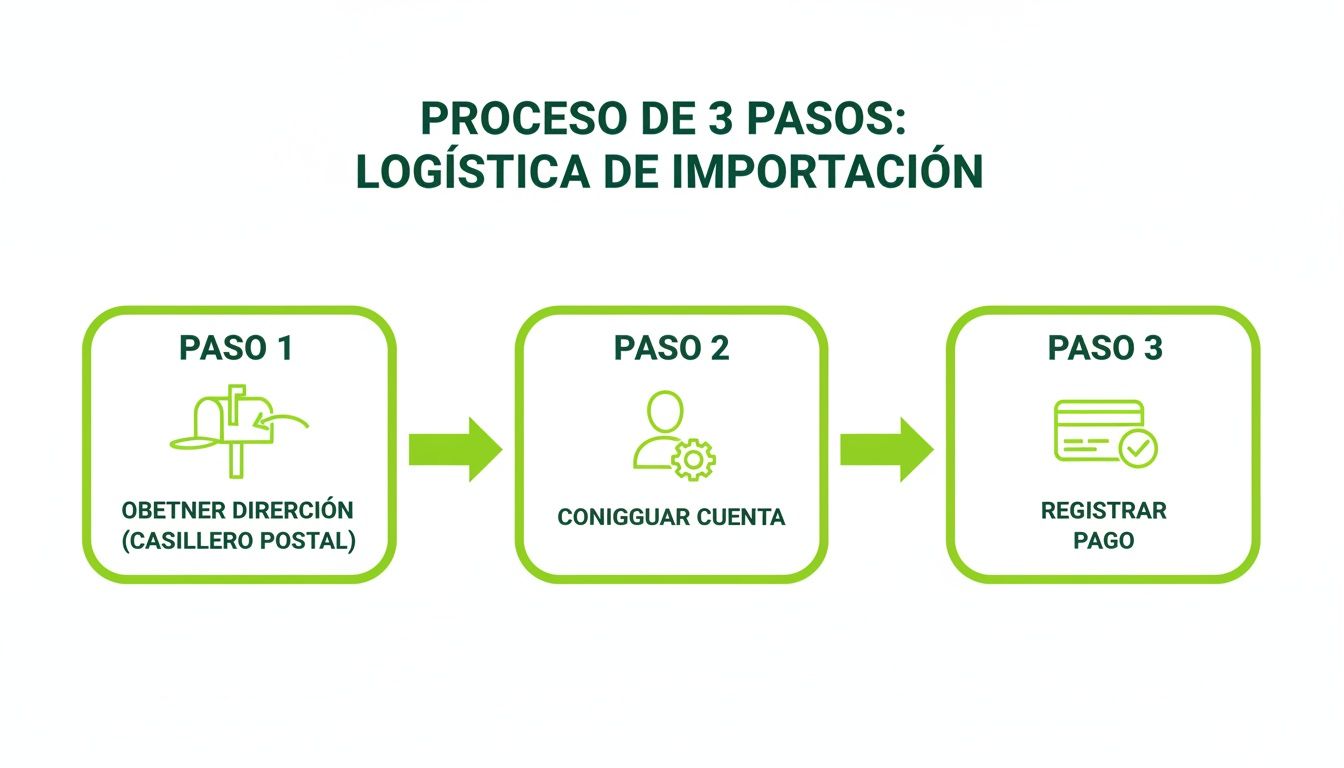 Diagrama de flujo de 3 pasos para logística de importación: obtener dirección, configurar cuenta y registrar pago.