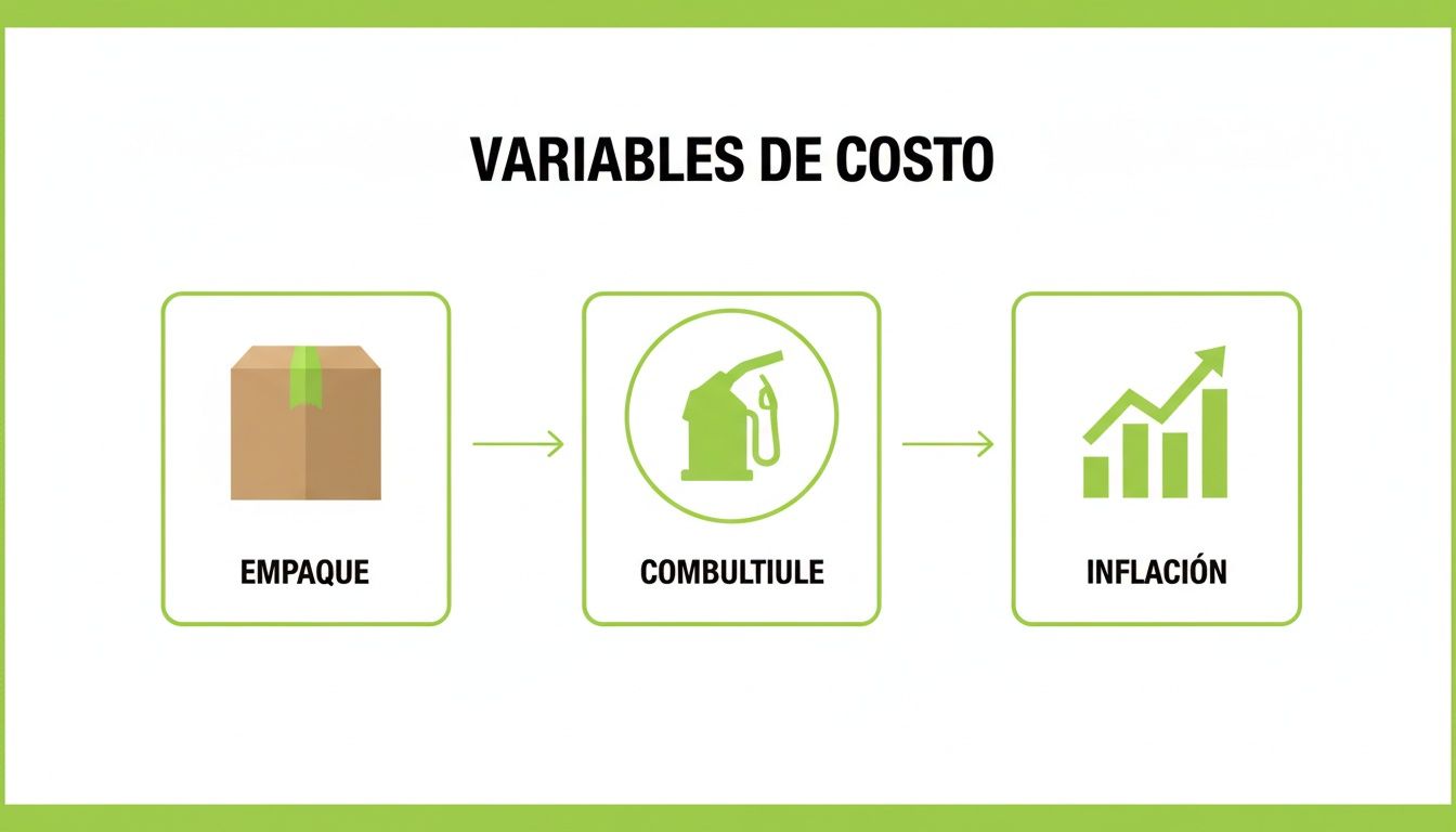 Un diagrama de flujo muestra las variables de costo: empaque, combustible e inflación, representadas por iconos respectivos.