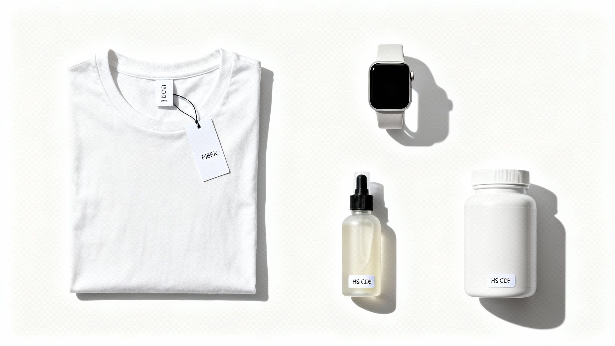 Vista cenital de una camiseta blanca, reloj inteligente y dos botellas con etiquetas 'HS CDE' sobre fondo blanco.