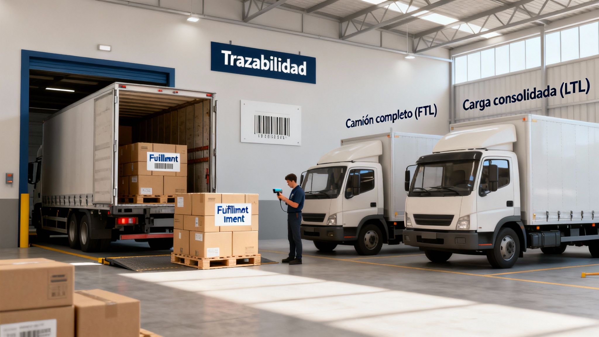 Operaciones de almacén con carga de camiones, escaneo de paquetes y opciones de transporte logístico.