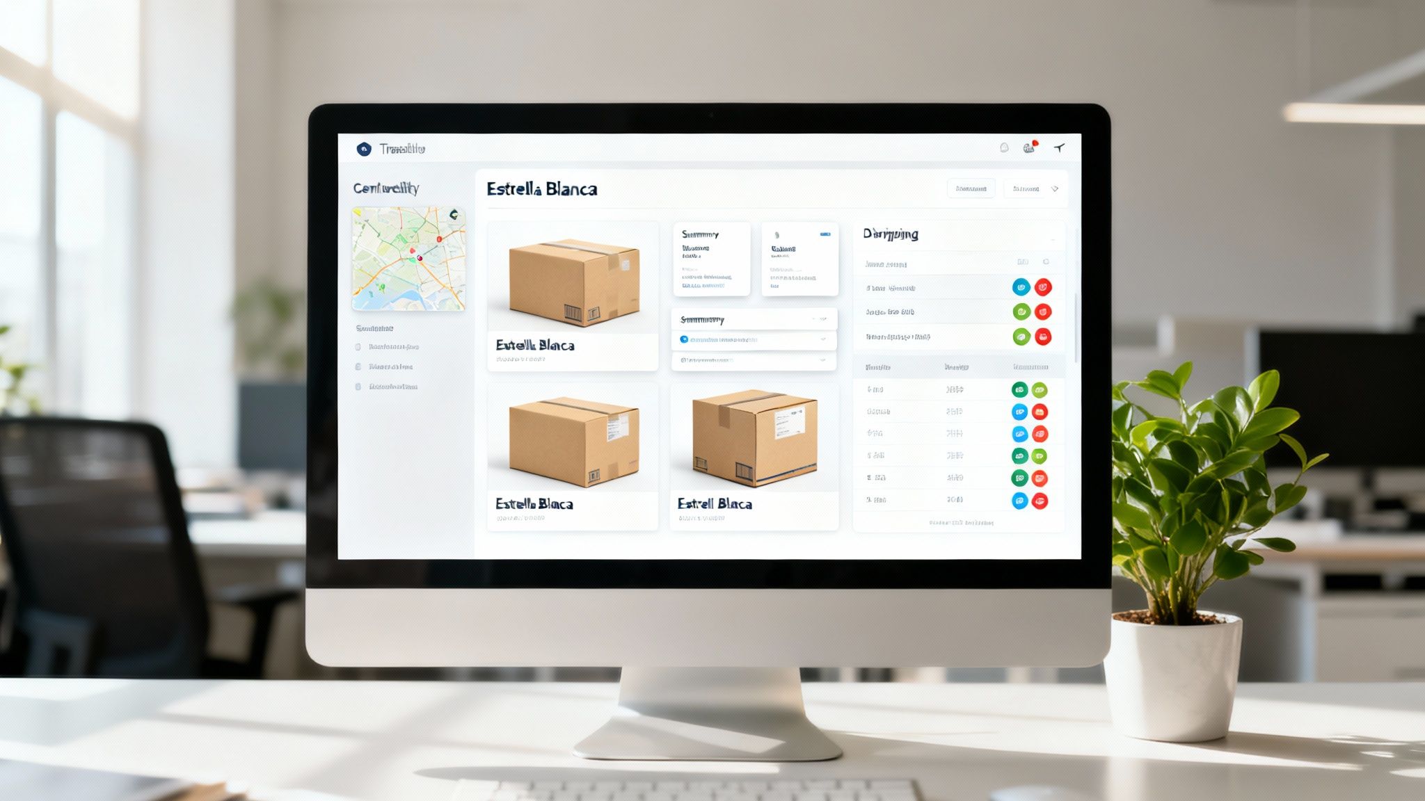 Pantalla de computadora mostrando un dashboard de logística con seguimiento de paquetes Estrella Blanca y un mapa.