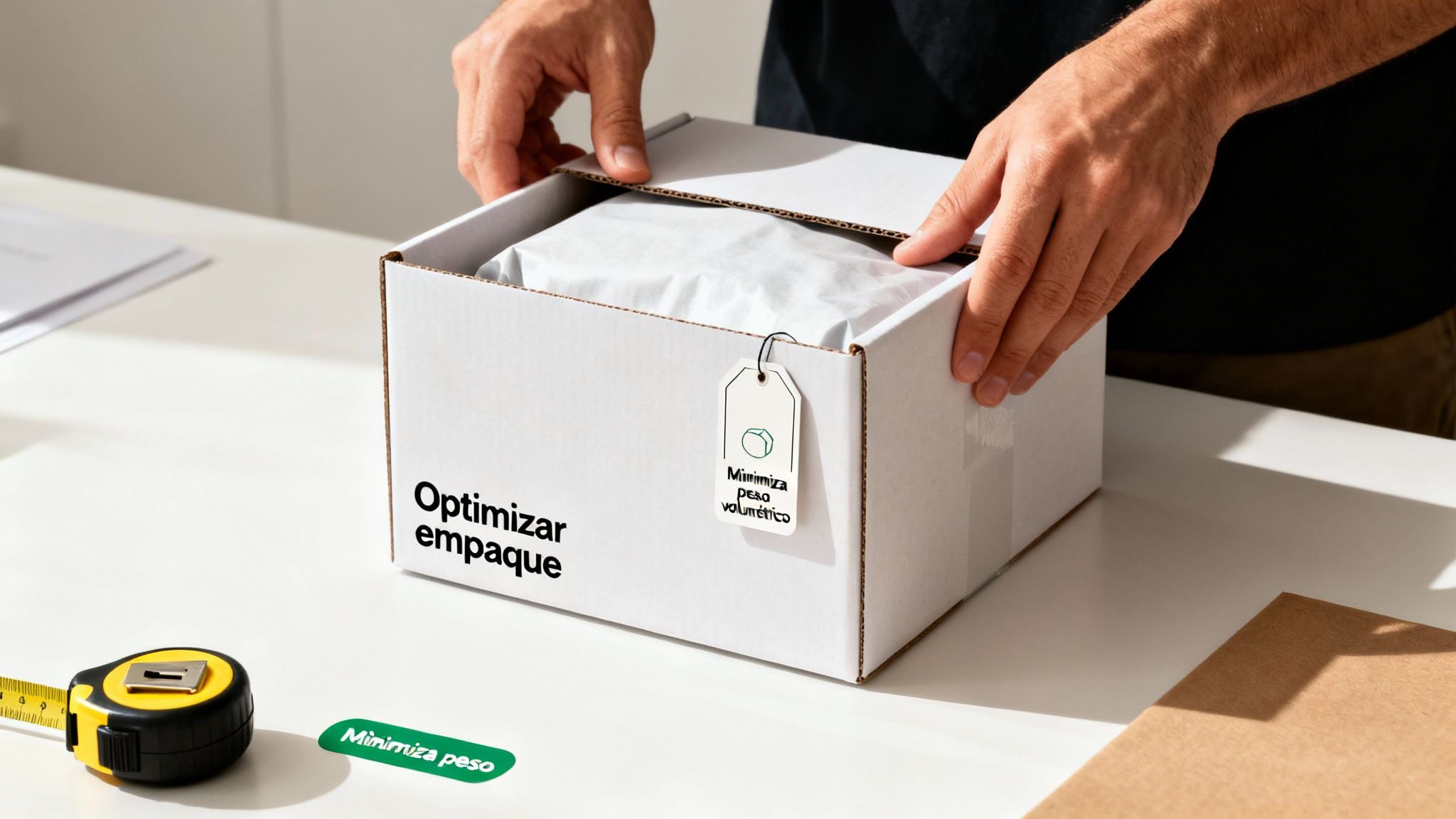 Hombre empacando una caja blanca con etiquetas que promueven la optimización de peso y volumen del paquete.