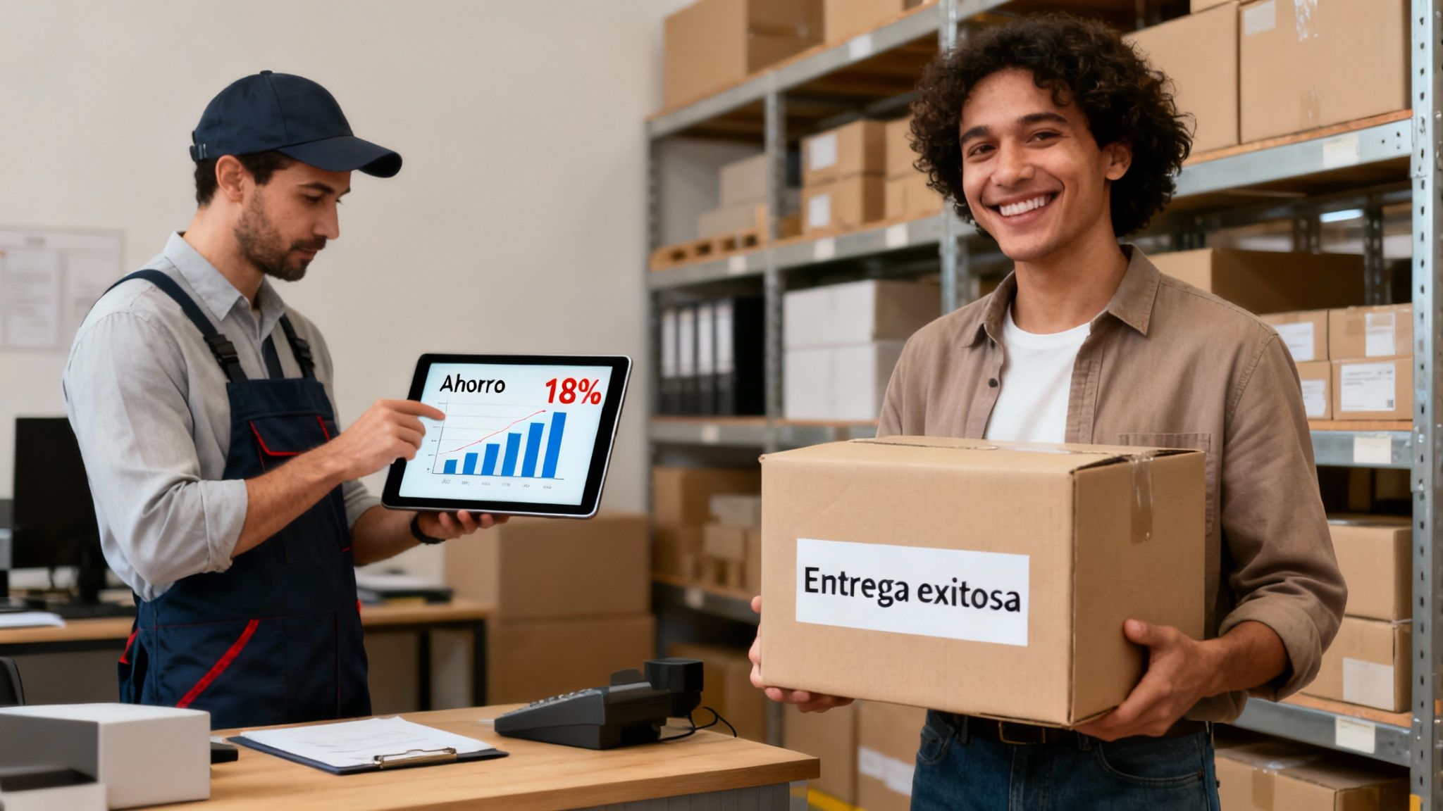 Dos hombres en un almacén. Uno muestra una tableta con "Ahorro 18%", el otro sostiene una caja con "Entrega exitosa".
