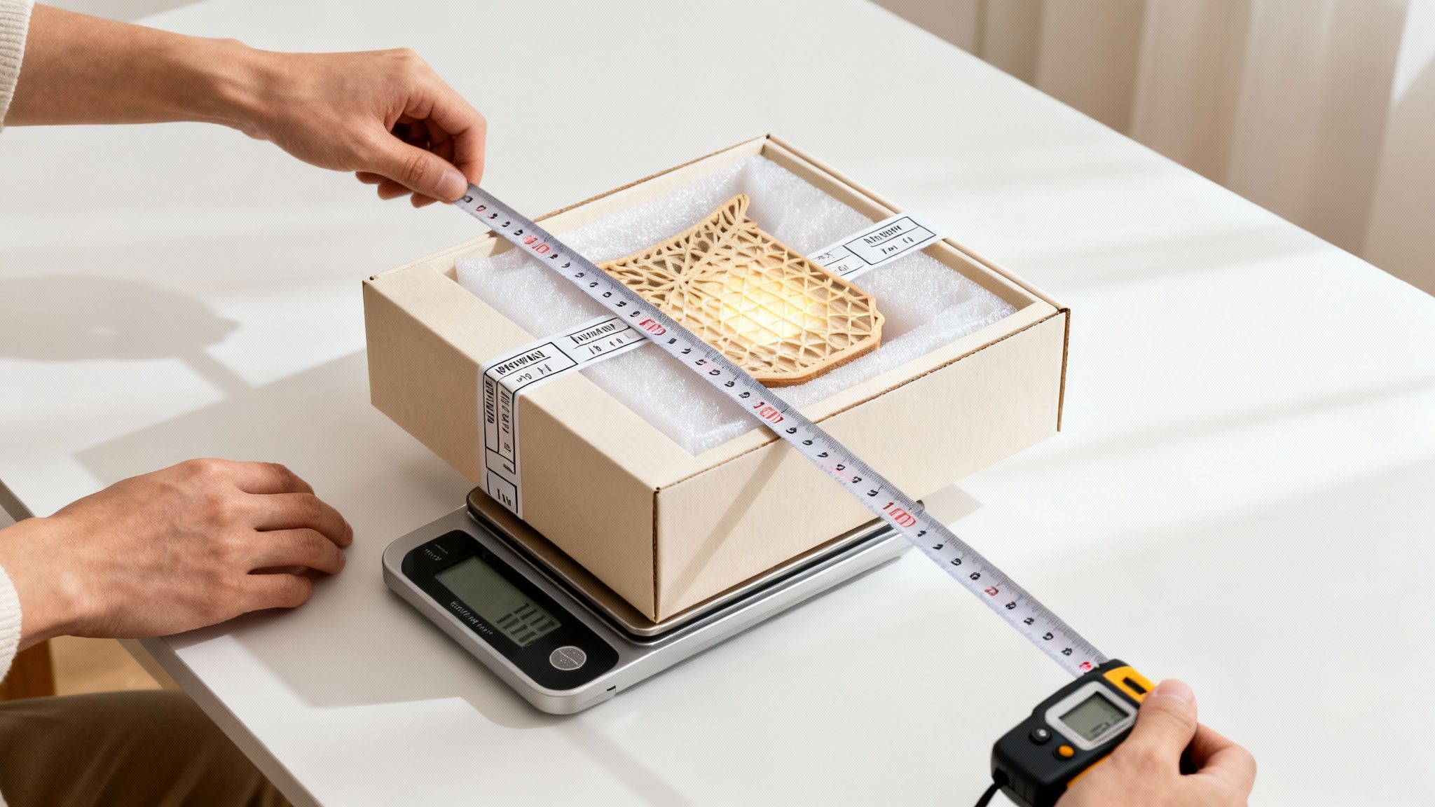 Manos midiendo un paquete con una cinta métrica sobre una báscula digital, listo para envío.