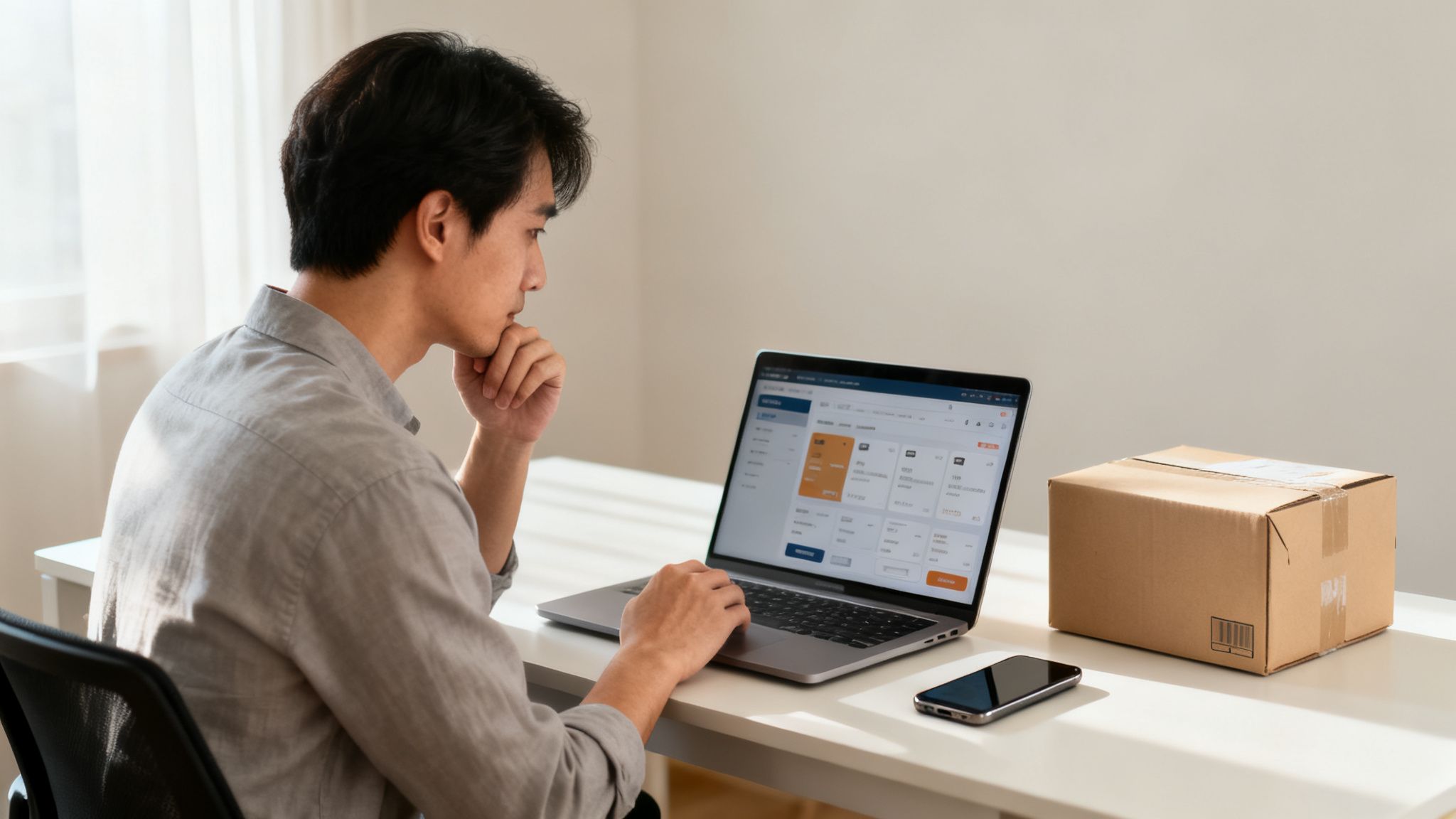 Hombre asiático concentrado trabajando en su laptop con una caja de envío y teléfono en el escritorio.