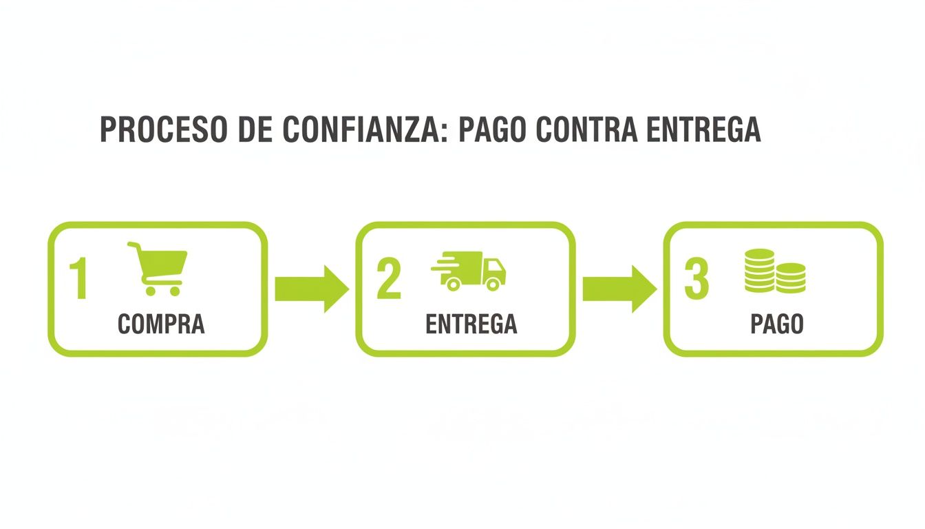 Infografía que explica el proceso de compra con pago contra entrega: compra, entrega y pago en tres pasos sencillos.