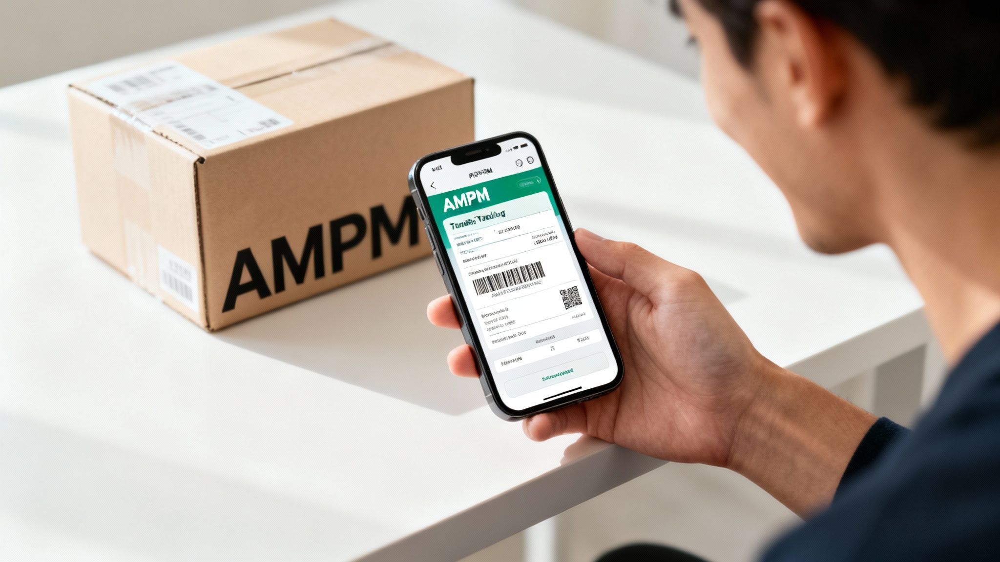 Persona rastreando paquetería AMPM en smartphone mostrando detalles de envío y código de barras