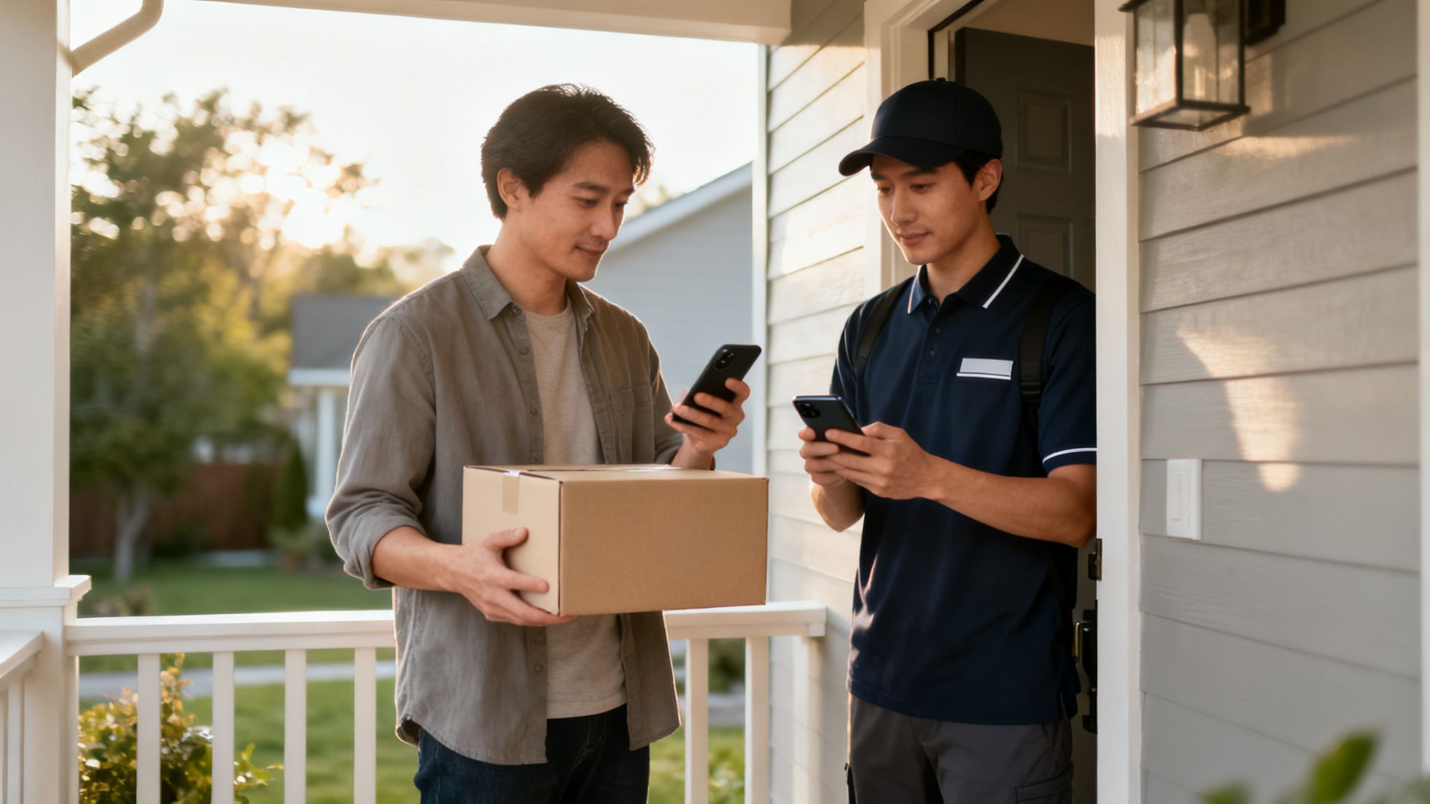 Dos hombres asiáticos en un porche, uno recibiendo un paquete y el otro entregándolo, ambos usando sus teléfonos para confirmar la entrega.