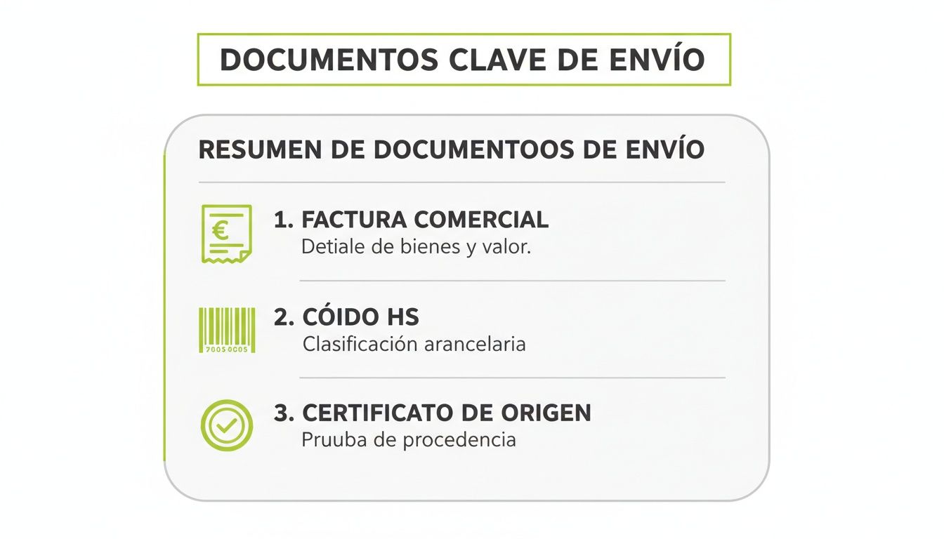 Infografía detallando los documentos clave para envíos: factura comercial, código HS y certificado de origen.