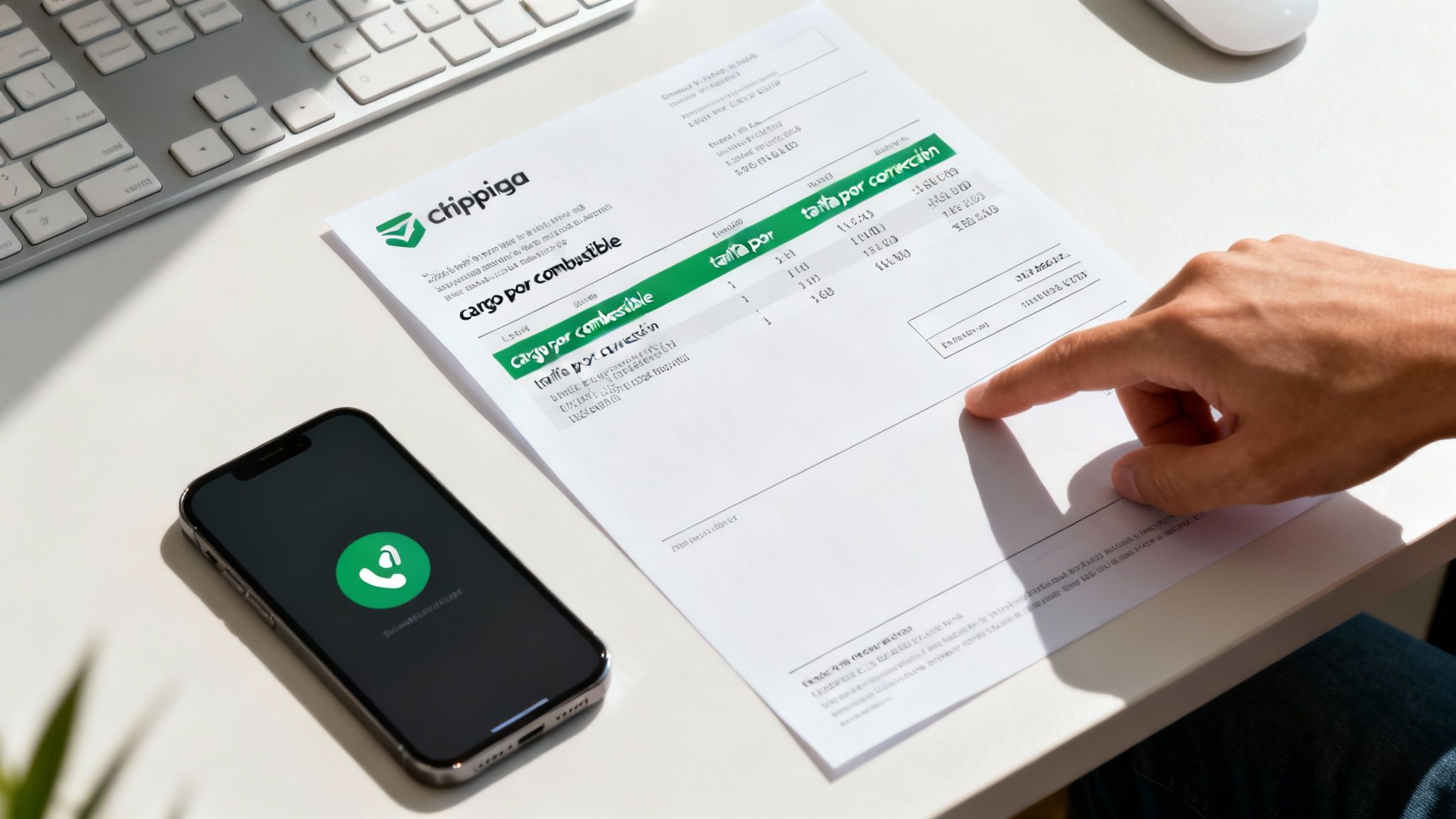 Persona revisando documento de costos de envío de Cripping con smartphone y computadora en escritorio