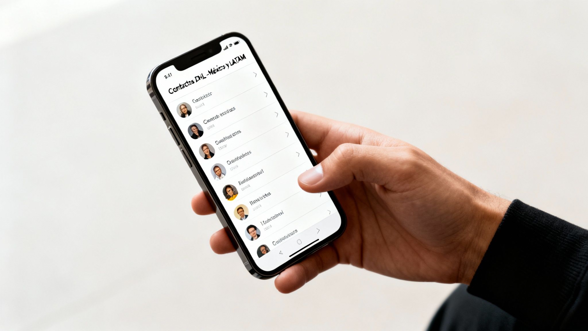 Una persona sostiene un teléfono inteligente que muestra la aplicación de contactos de DHL con nombres y fotos.