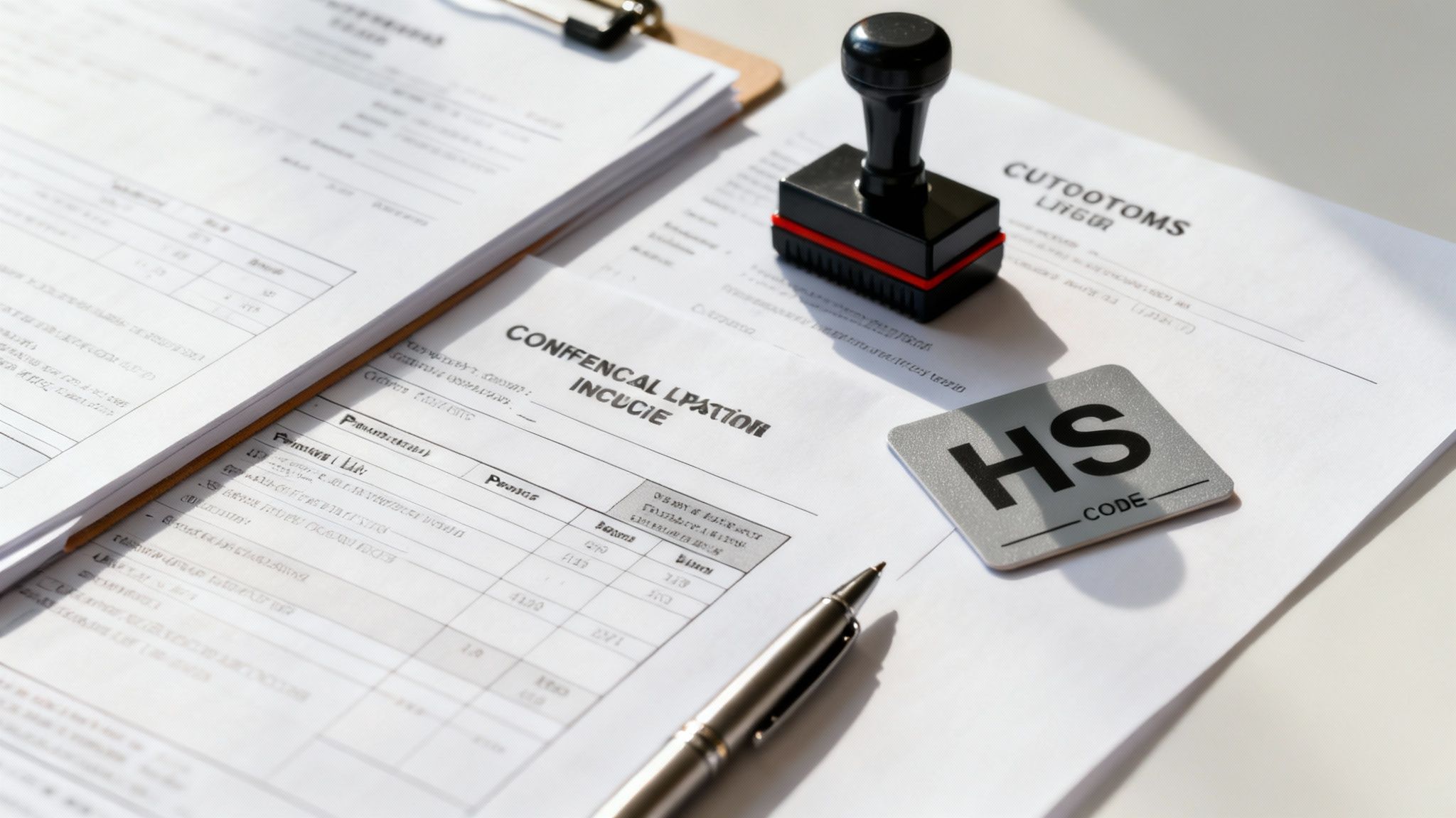 Un escritorio con documentos aduaneros, un sello, un bolígrafo y una placa de CÓDIGO HS, sugiriendo envíos internacionales.