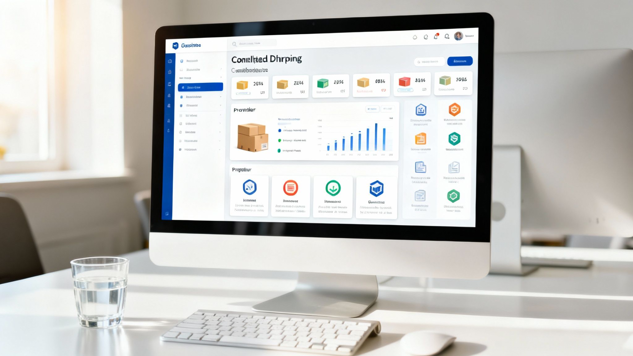 Panel de control de logística y seguimiento de paquetes en pantalla de computadora, con un vaso de agua.
