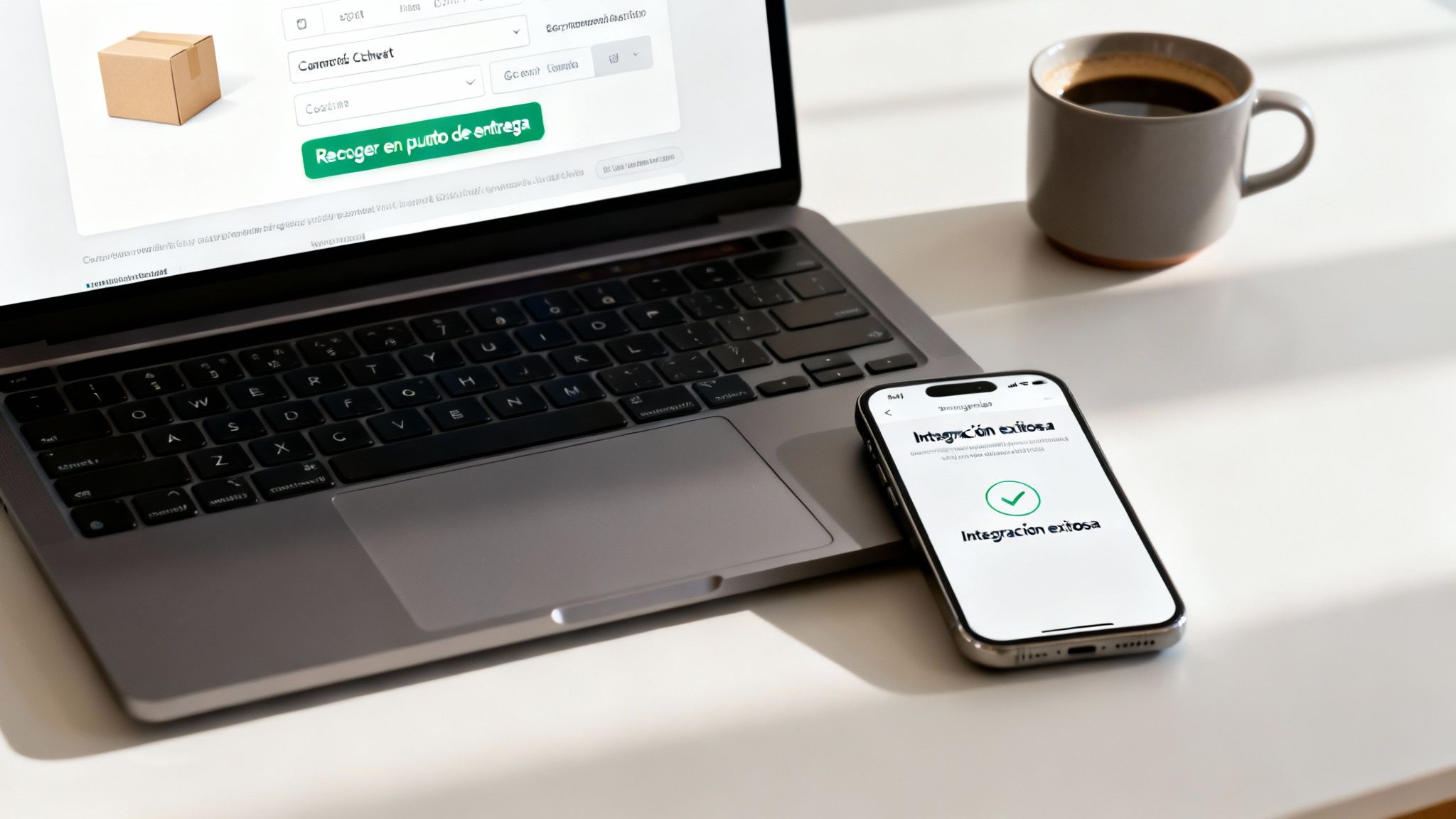 Pantalla de portátil con opción de 'Recoger en punto de entrega' y smartphone mostrando 'Integración exitosa'.