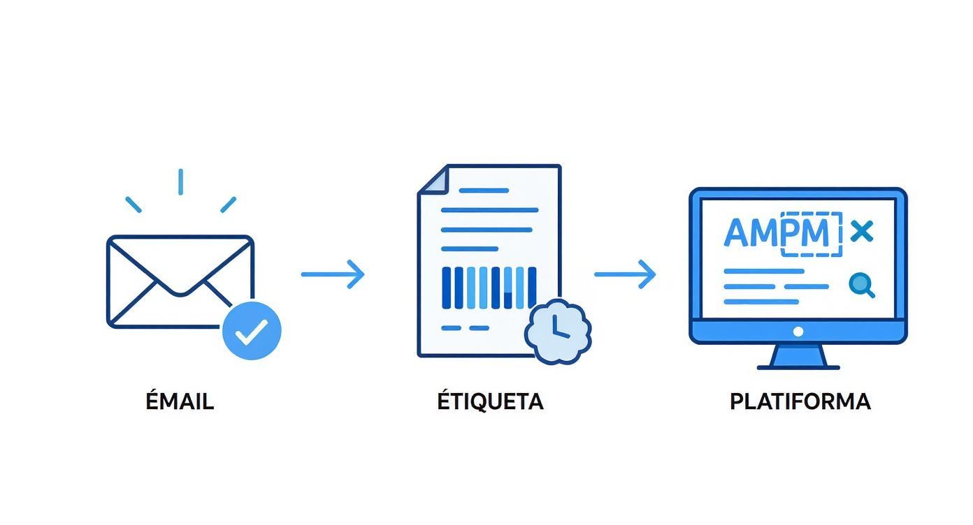 Proceso de rastreo AMPM: email verificado, etiqueta con código de barras y plataforma digital de seguimiento
